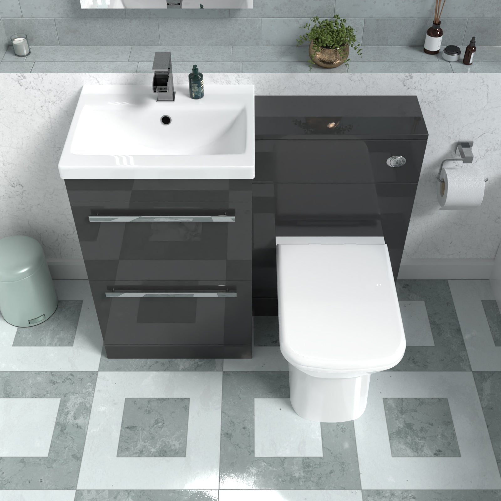 Nanuya 1000mm Anthracite Basin Vanity Cabinet, WC Unit & Rimless Back To Wall Toilet