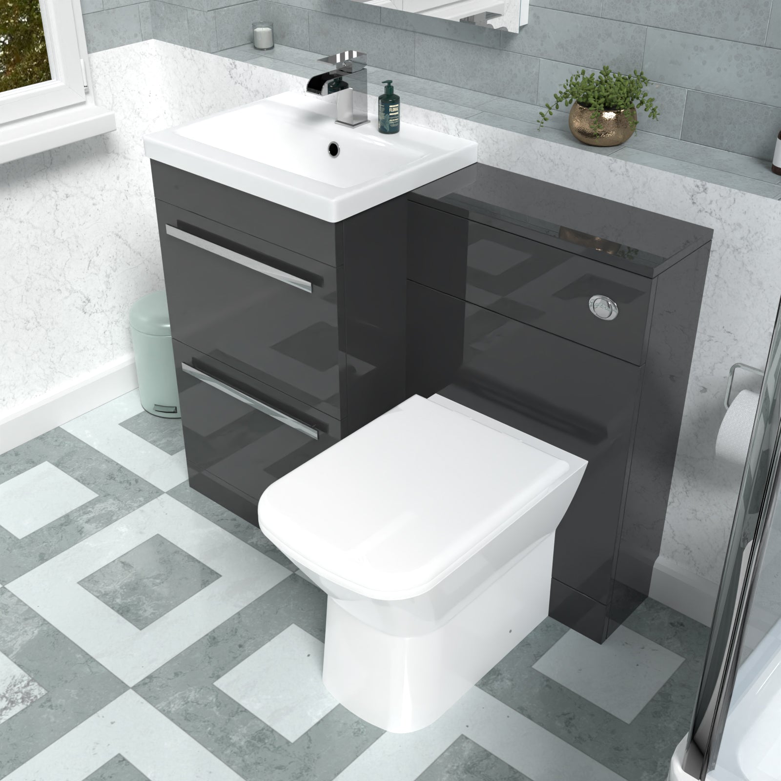 Nanuya 1000mm Anthracite Basin Vanity Cabinet, WC Unit & Rimless Back To Wall Toilet