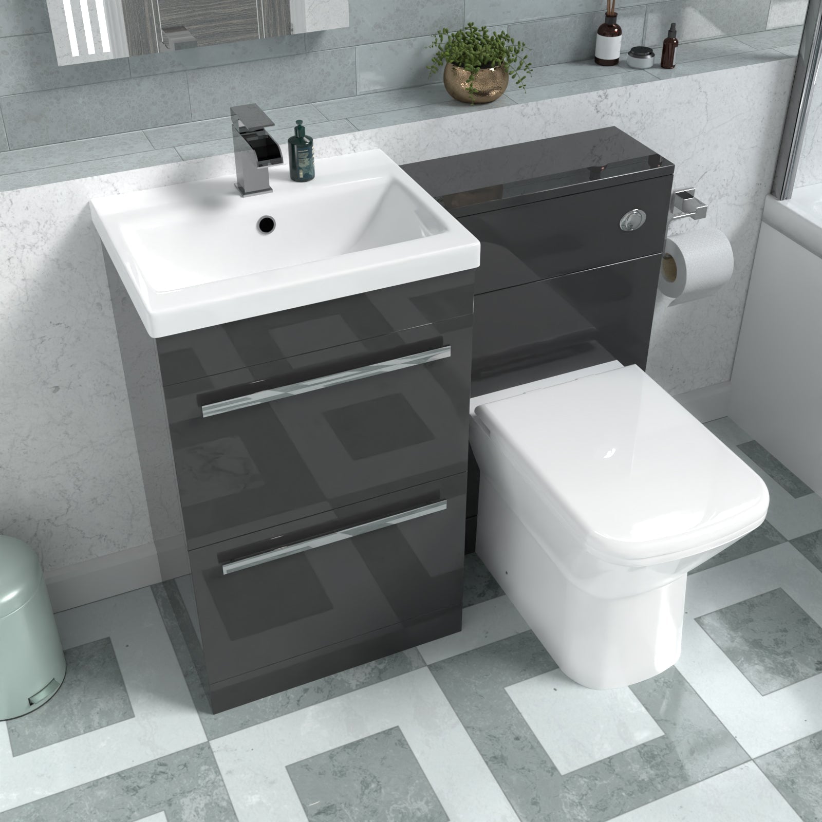Nanuya 1000mm Anthracite Basin Vanity Cabinet, WC Unit & Rimless Back To Wall Toilet