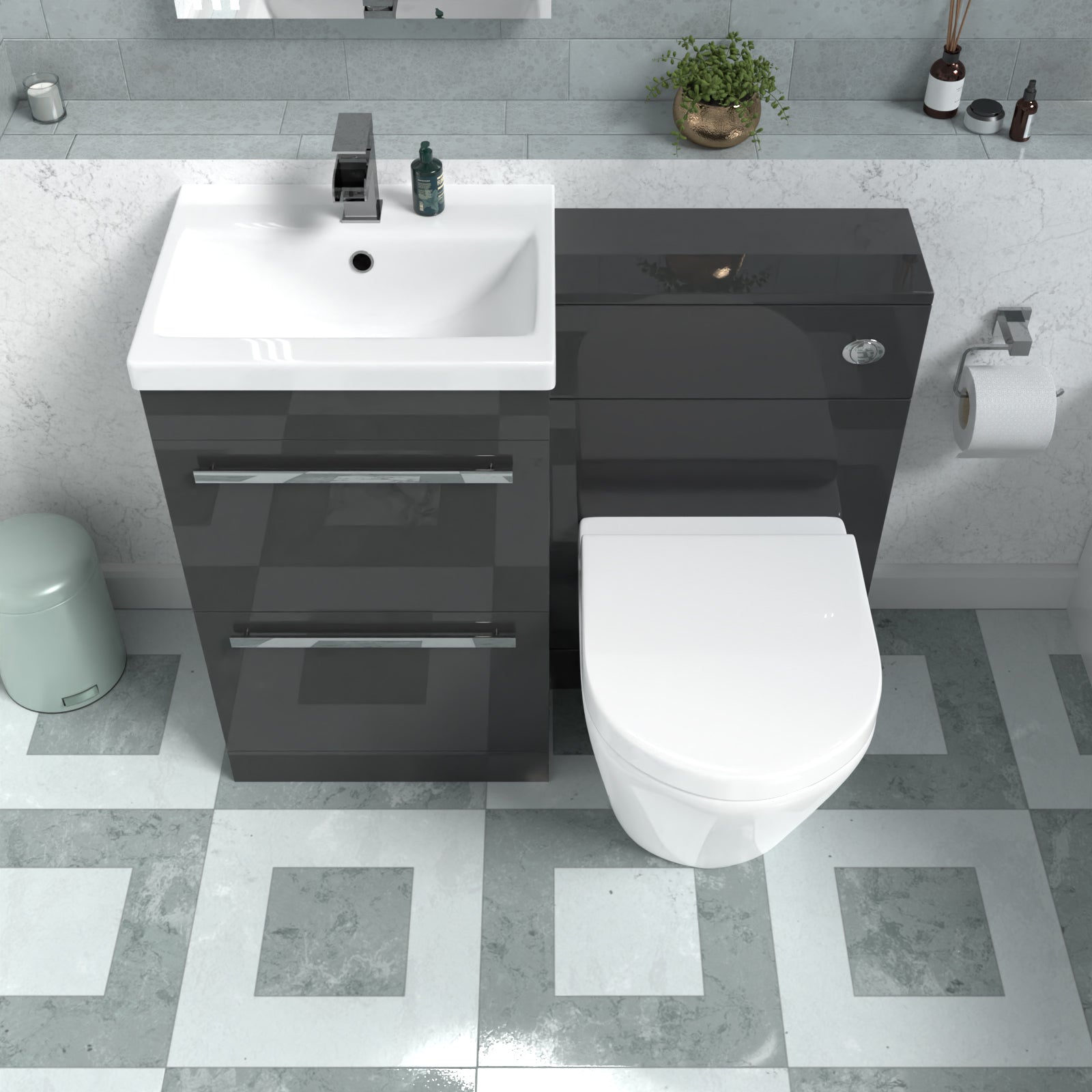 Nanuya 1010mm Anthracite Drawers Basin Cabinet, WC Unit & Rimless Back To Wall Toilet