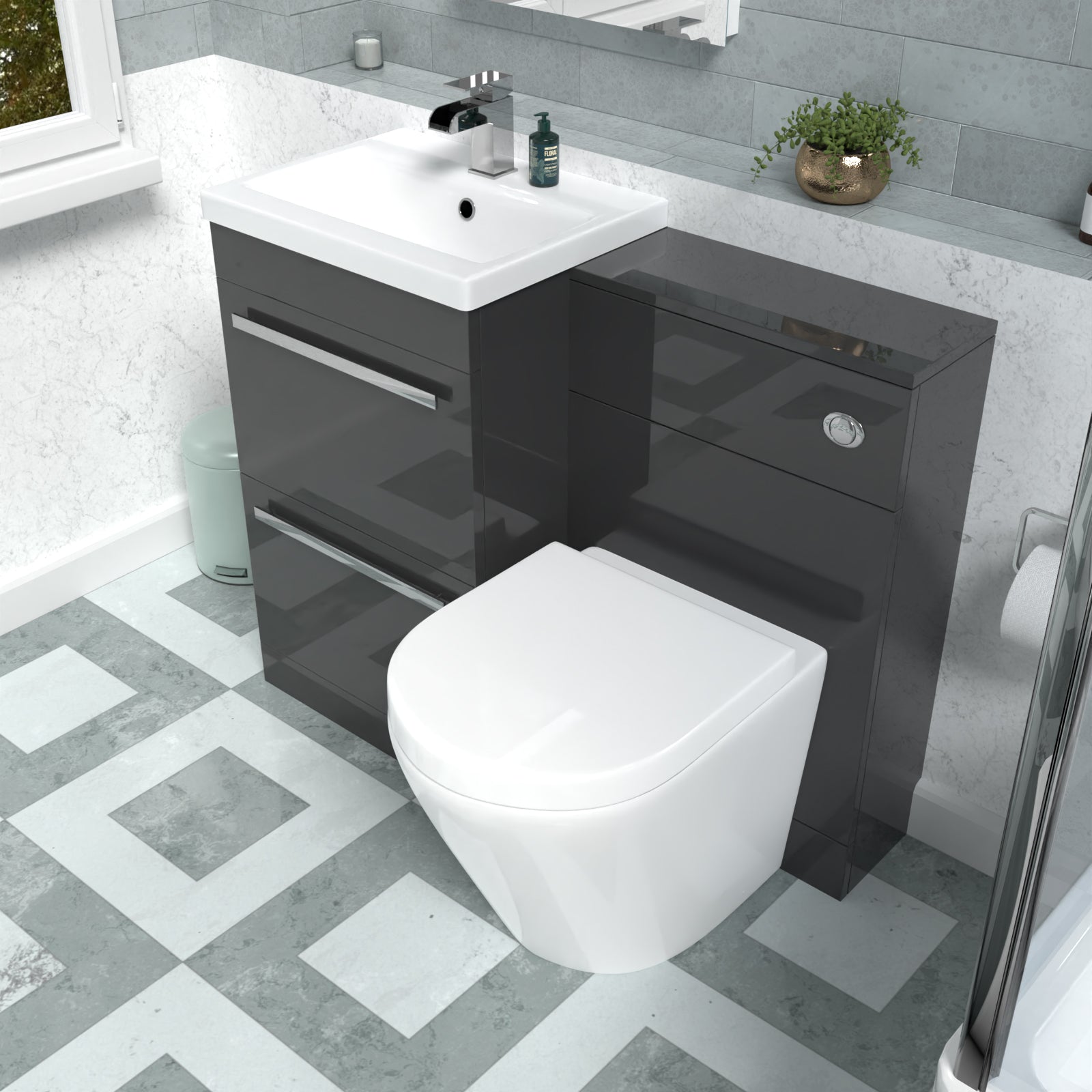 Nanuya 1010mm Anthracite Drawers Basin Cabinet, WC Unit & Rimless Back To Wall Toilet
