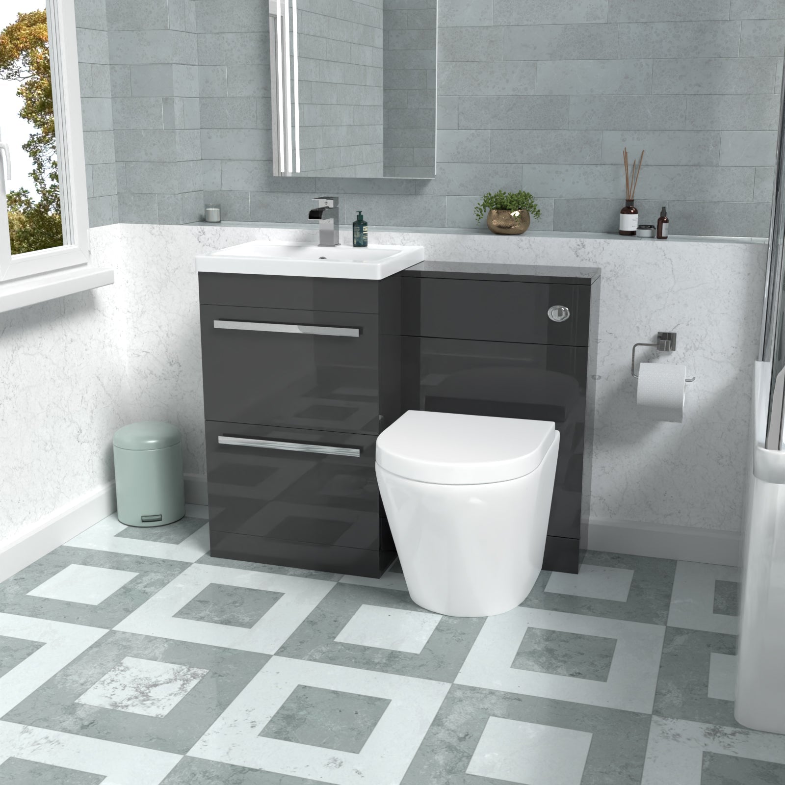 Nanuya 1010mm Anthracite Drawers Basin Cabinet, WC Unit & Rimless Back To Wall Toilet