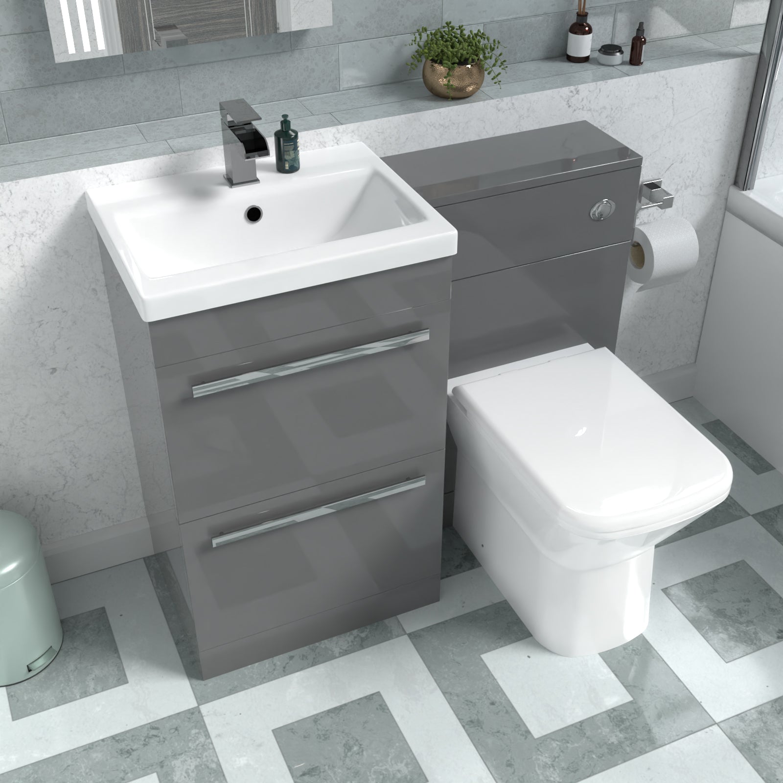 Nanuya Steel Grey Basin Vanity Cabinet, WC Unit & Rimless Back To Wall Toilet