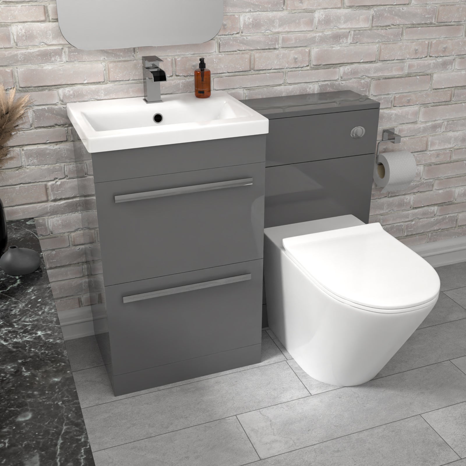 Nanuya 2 Drawers Grey Basin Vanity, WC Unit & Rimless Toilet