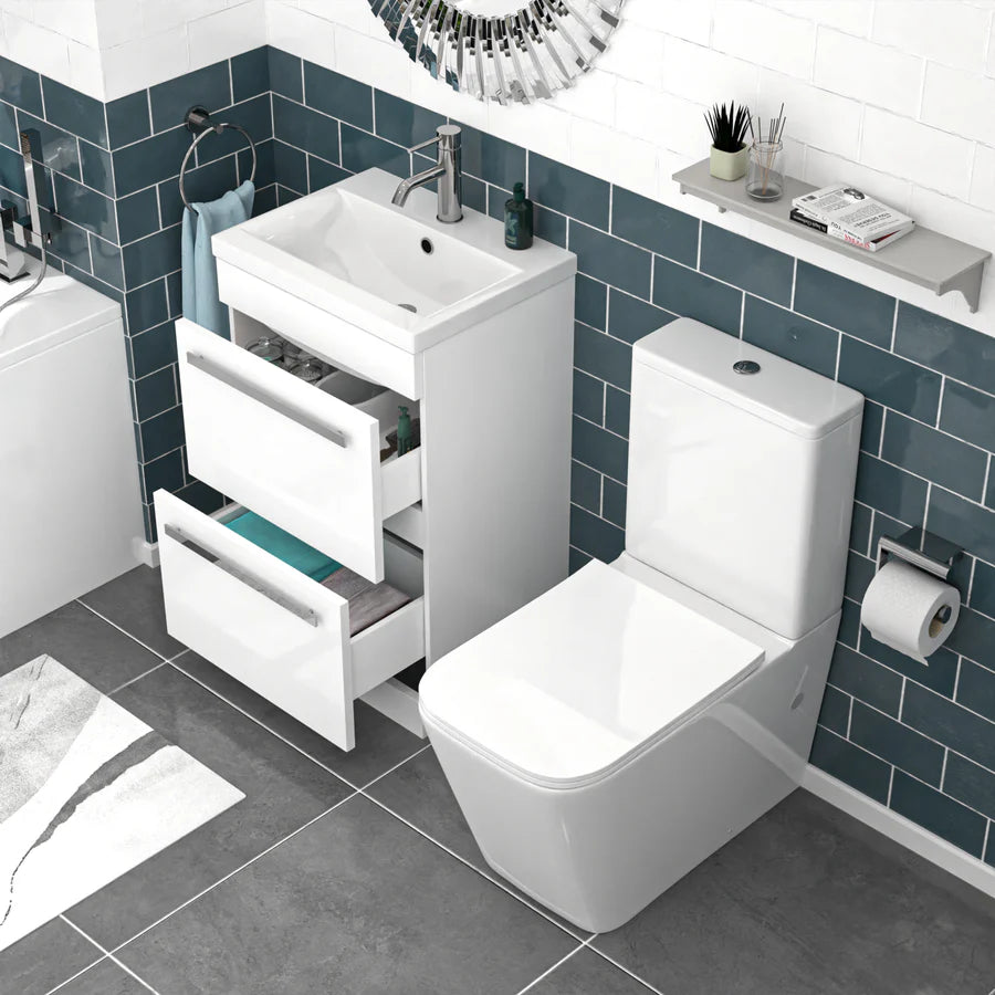 Nanuya 500mm White 2 Drawers Vanity With Rimless Square Close Coupled Toilet