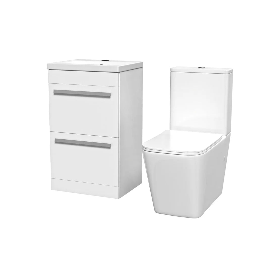 Nanuya 500mm White 2 Drawers Vanity With Rimless Square Close Coupled Toilet
