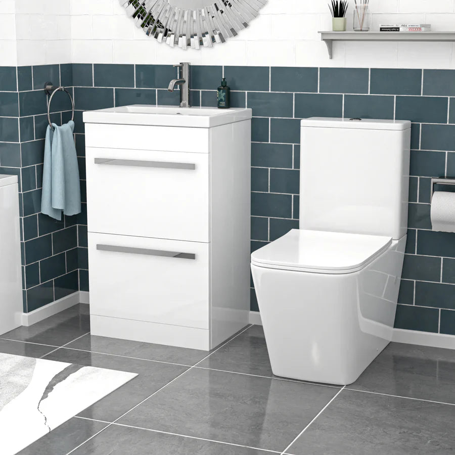 Nanuya 500mm White 2 Drawers Vanity With Rimless Square Close Coupled Toilet