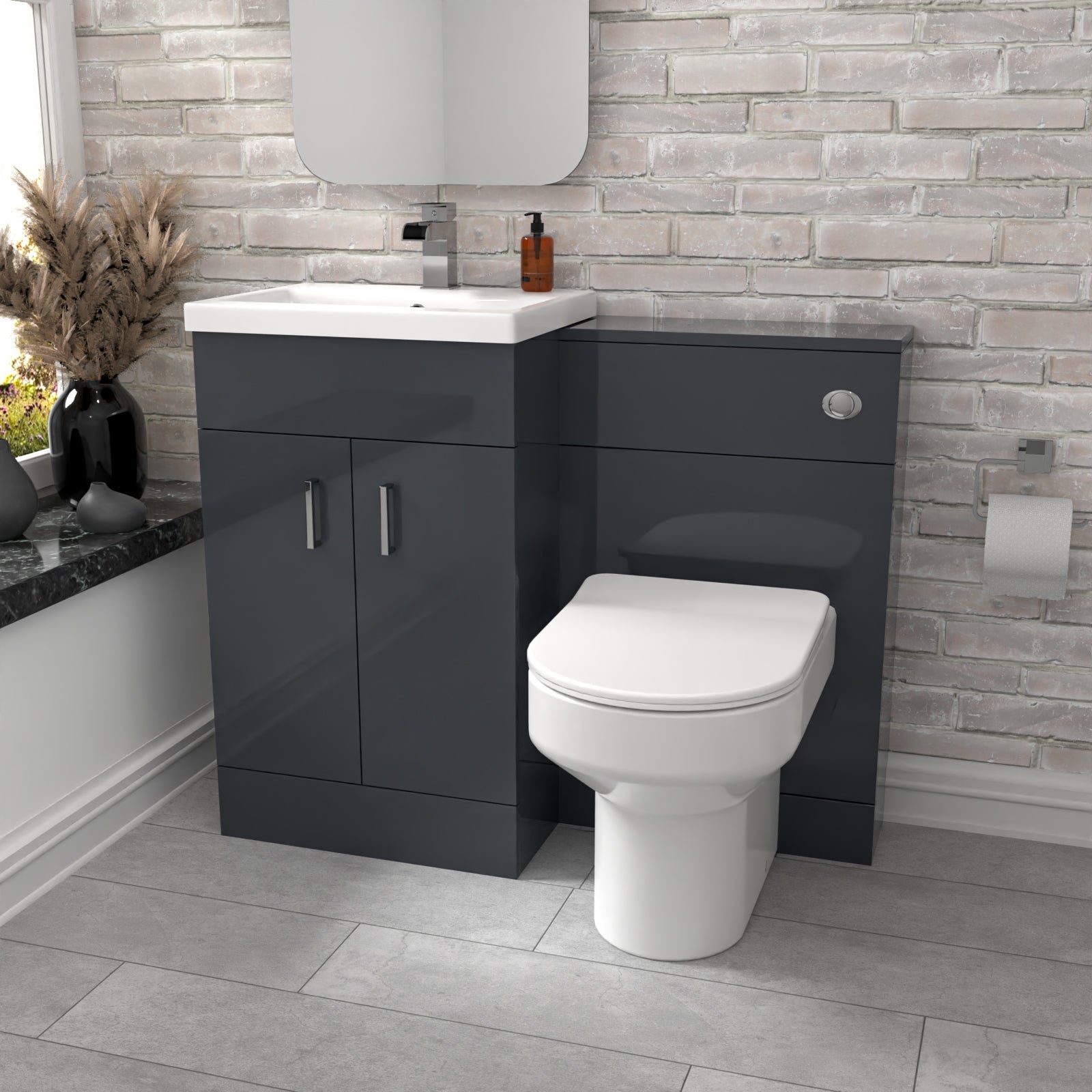 Nanuya 1010 Dark Grey Vanity Basin Cabinet, WC Unit & Comfort Back To Wall Toilet