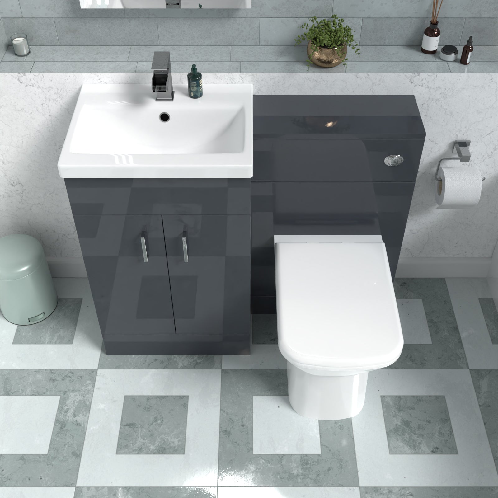 Nanuya 1010mm Dark Grey Vanity Basin Cabinet, WC Unit & Rimless Back To Wall Toilet