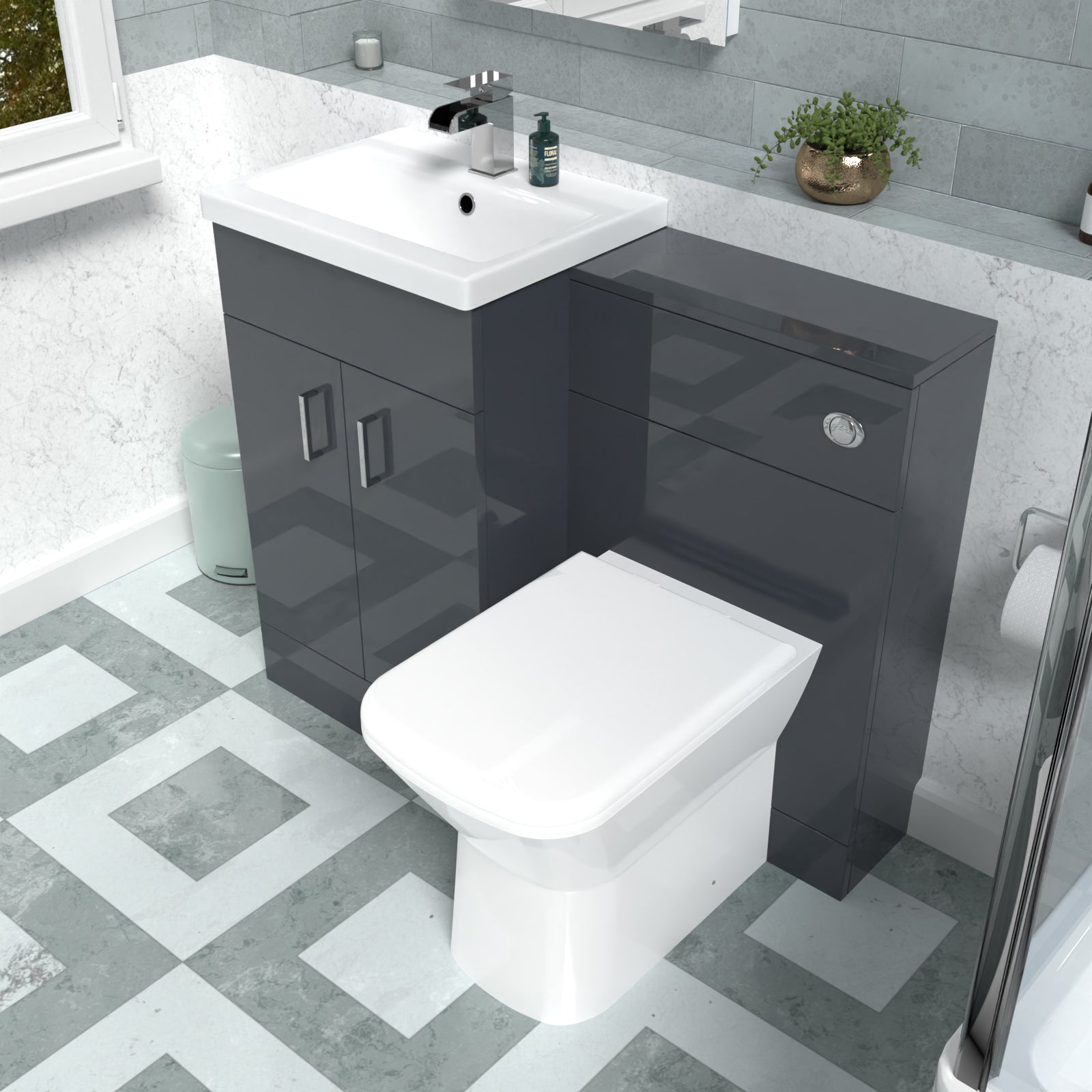 Nanuya 1010mm Dark Grey Vanity Basin Cabinet, WC Unit & Rimless Back To Wall Toilet