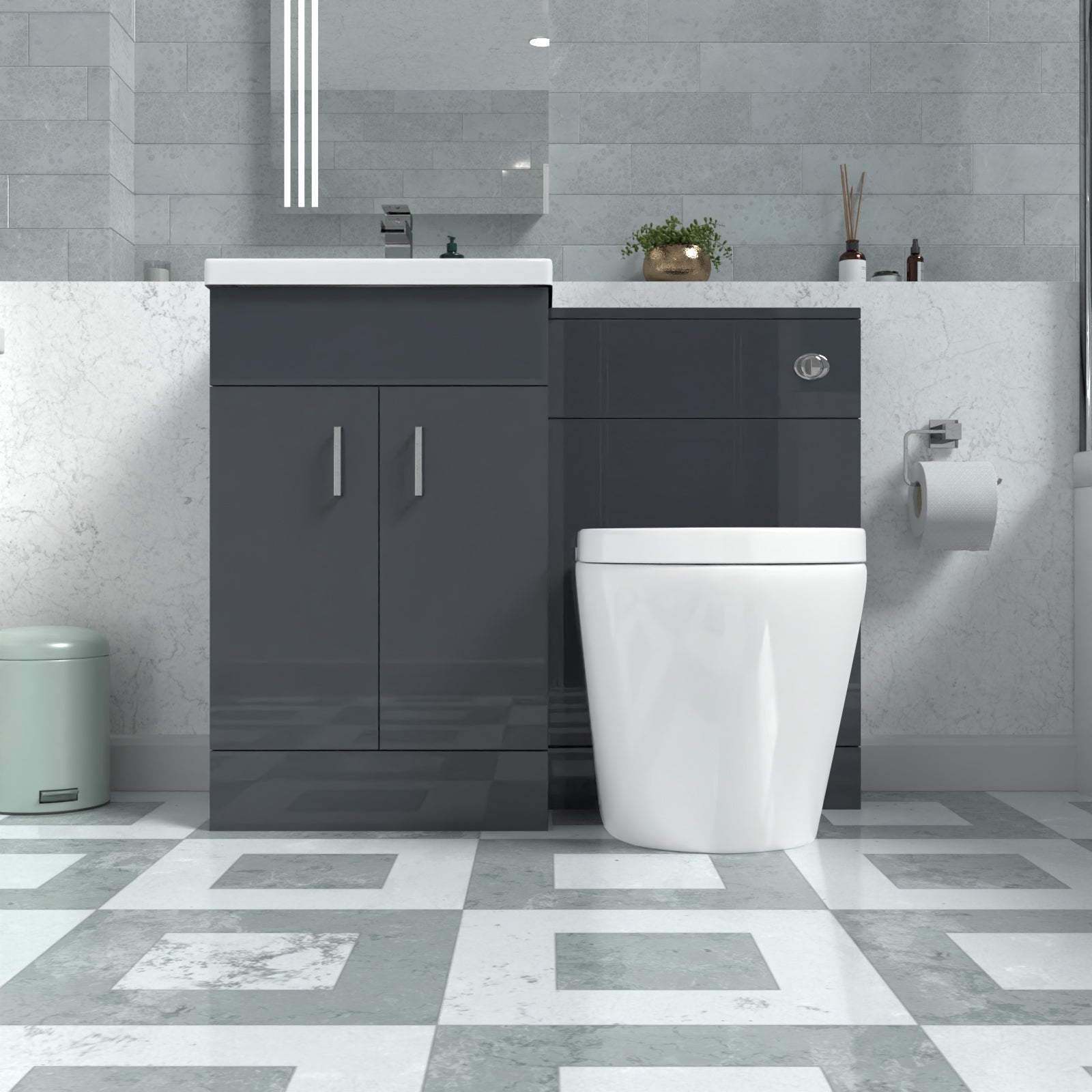 Nanuya 1010mm Basin Vanity Cabinet, WC Unit Dark Grey & Rimless Back To Wall Toilet
