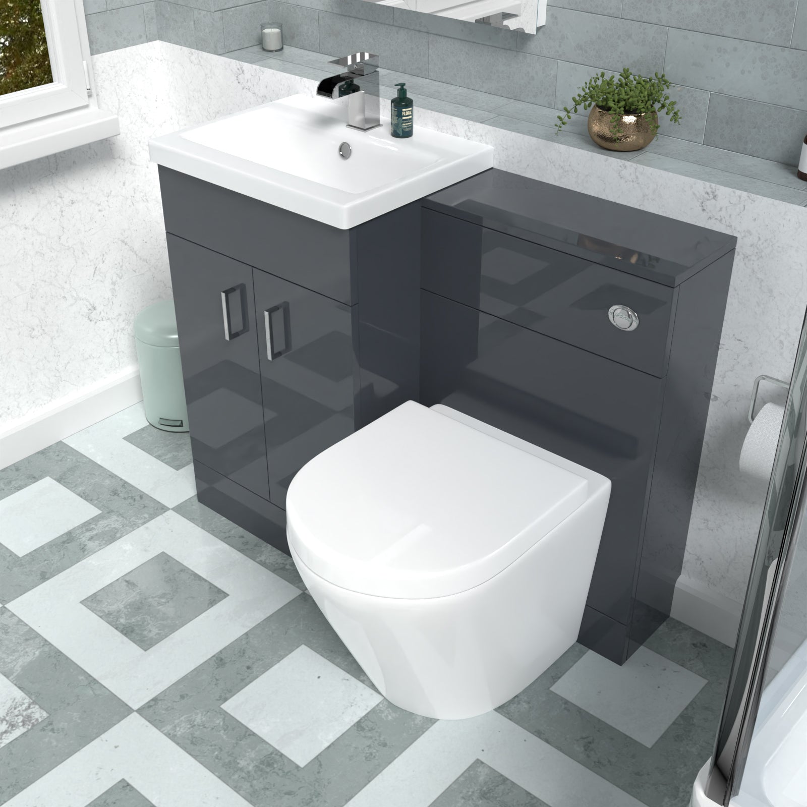 Nanuya 1010mm Basin Vanity Cabinet, WC Unit Dark Grey & Rimless Back To Wall Toilet