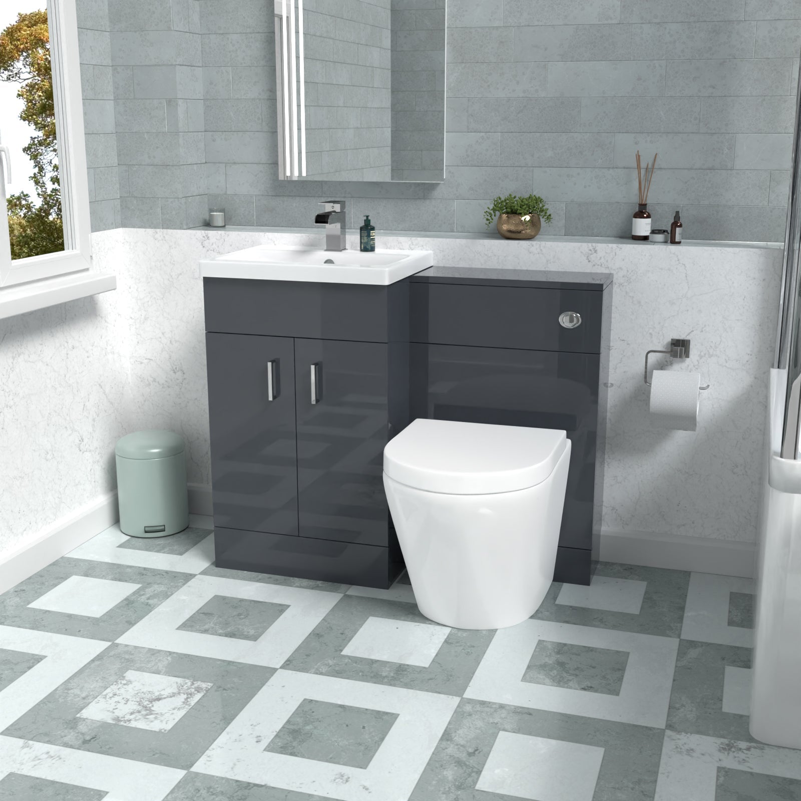 Nanuya 1010mm Basin Vanity Cabinet, WC Unit Dark Grey & Rimless Back To Wall Toilet