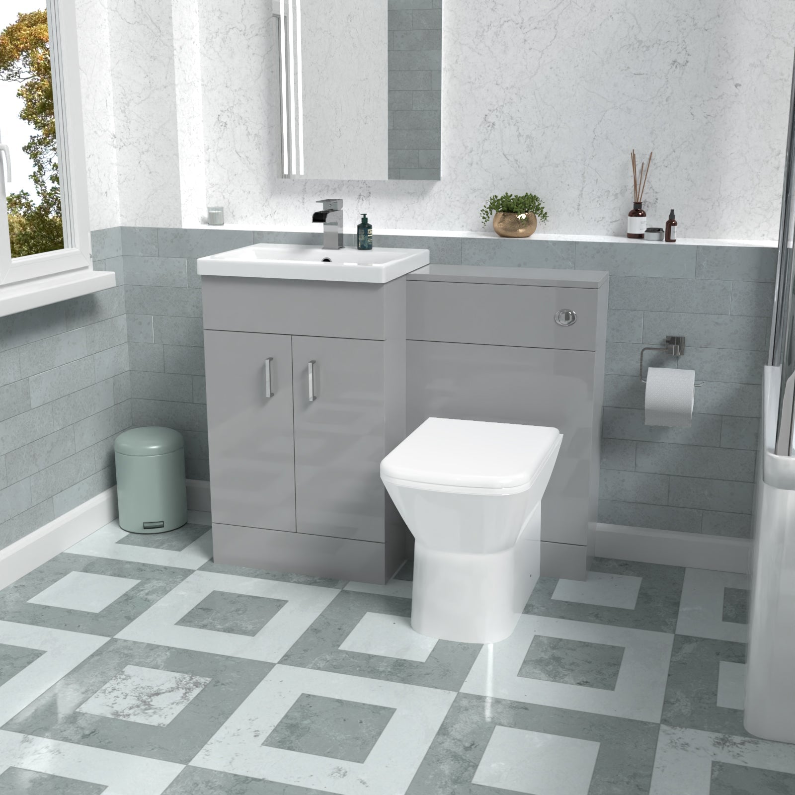 Nanuya 1000mm Grey Vanity Basin Cabinet, WC Unit & Rimless Back To Wall Toilet