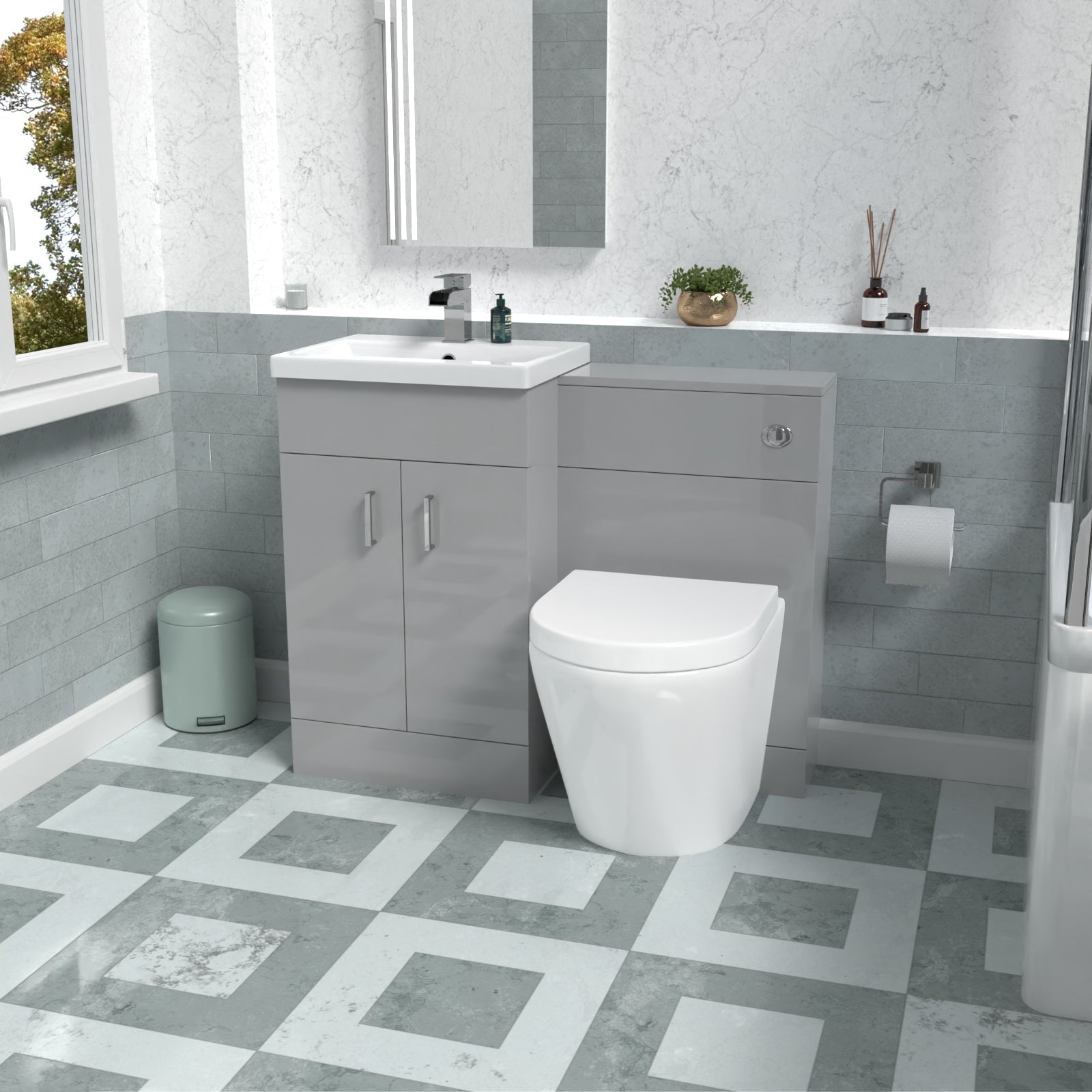 Nanuya 1000mm Basin Vanity Cabinet, WC Unit Grey & Rimless Back To Wall Toilet