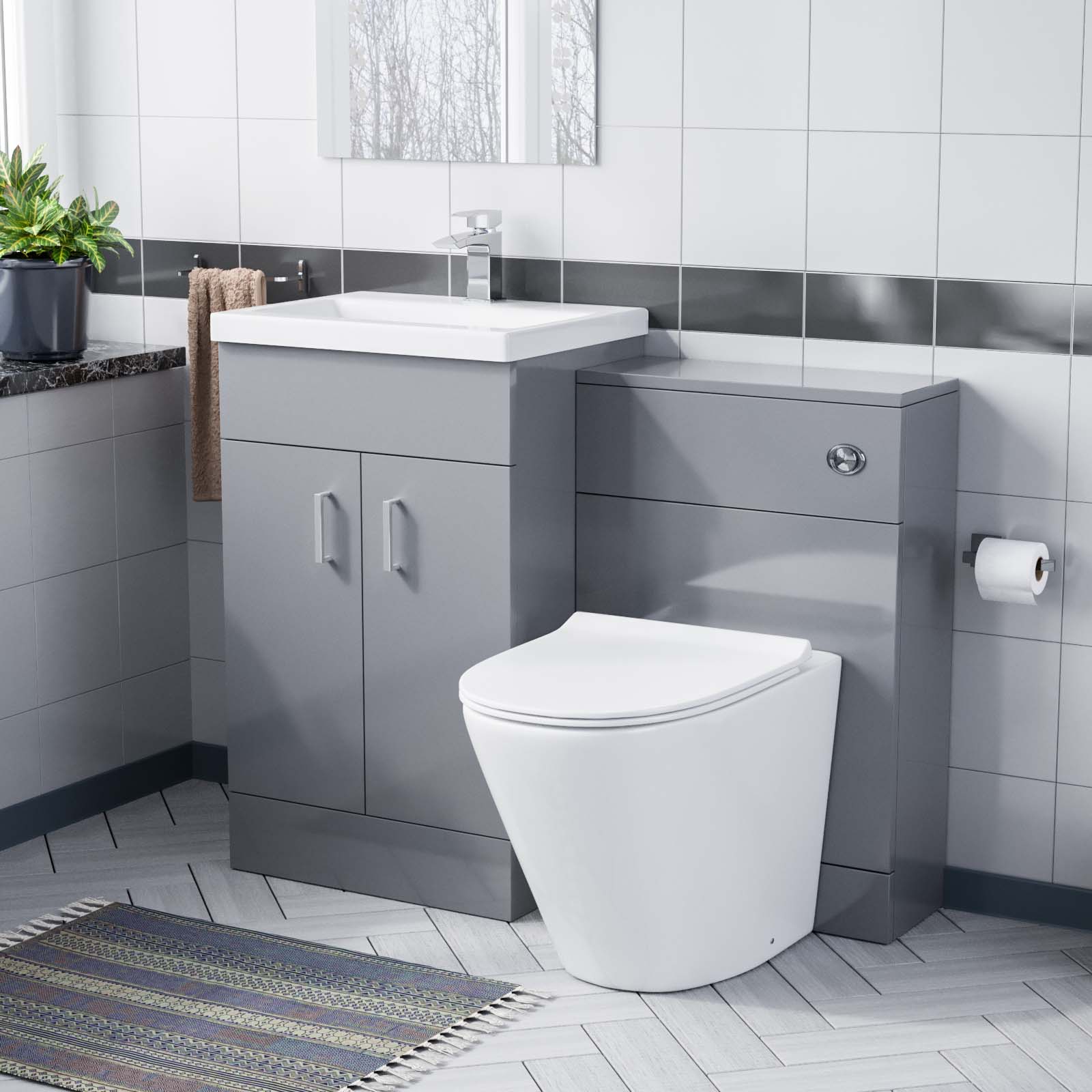500mm Light Grey Wall Hung Vanity Basin Unit & Round Rimless Toilet Pan Nanuya