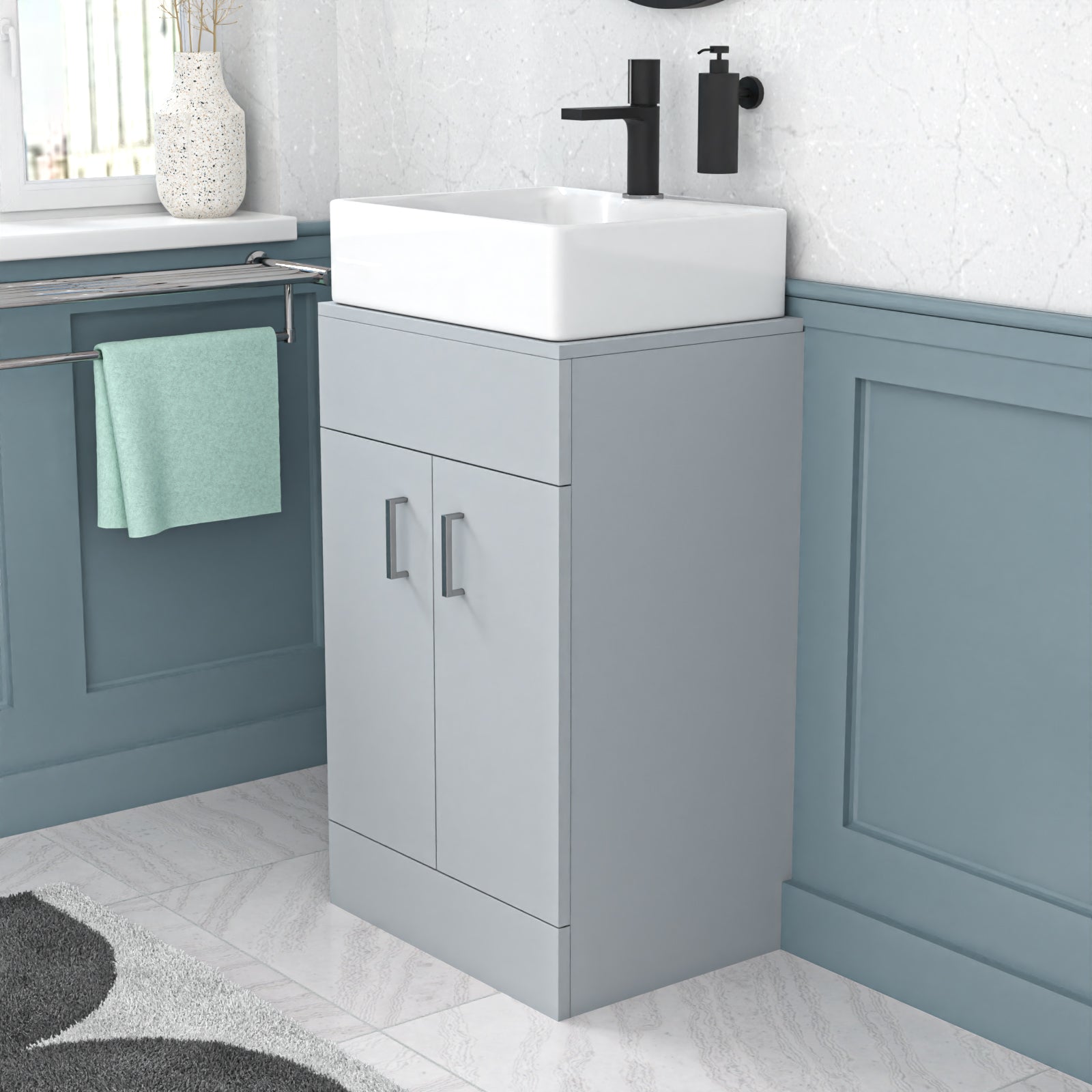 Nanuya 500mm Matte Grey Doors Vanity Unit, Worktop With Square Bowl Basin