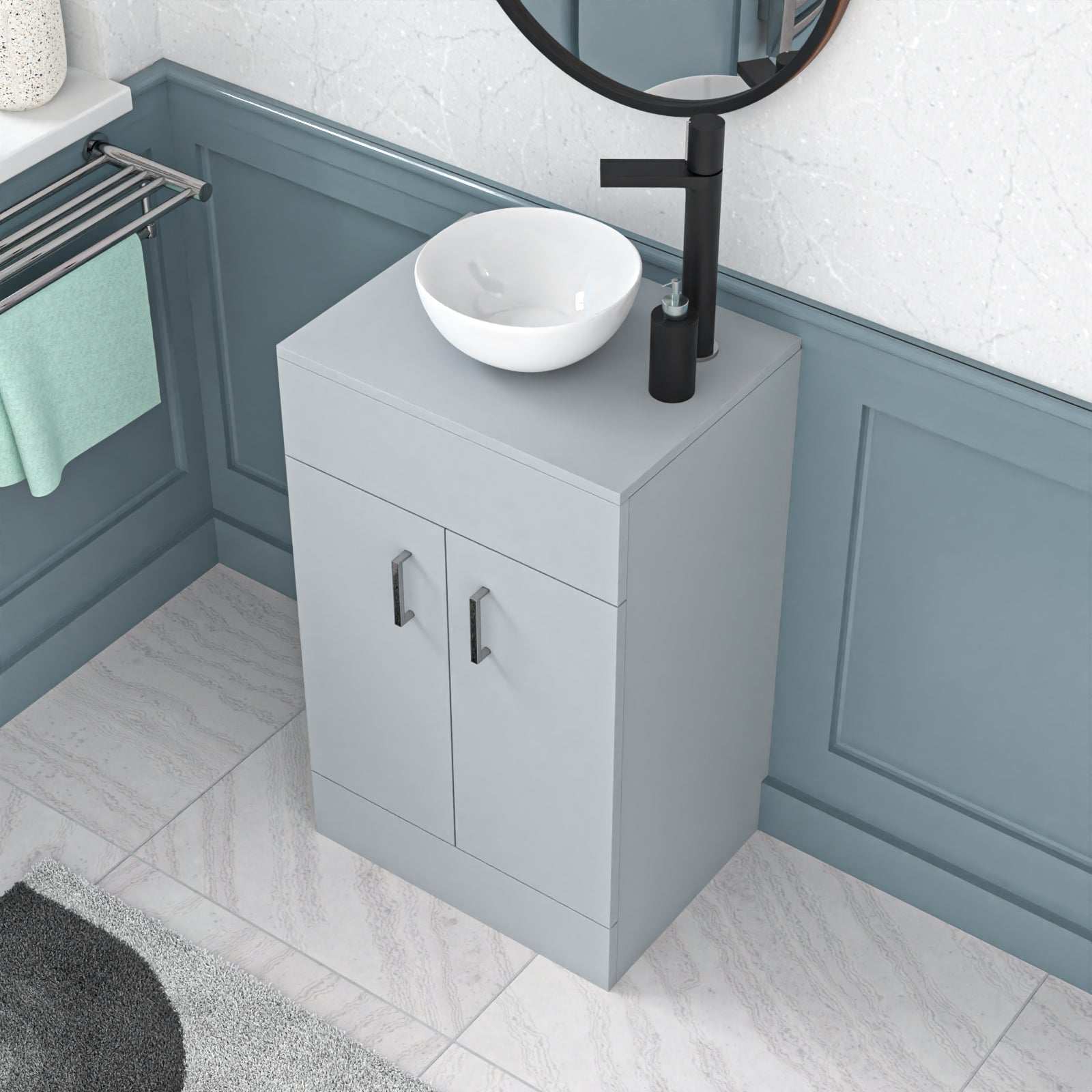 Nanuya Matte Grey 500mm Bathroom Doors Vanity Unit Round Ceramic Basin