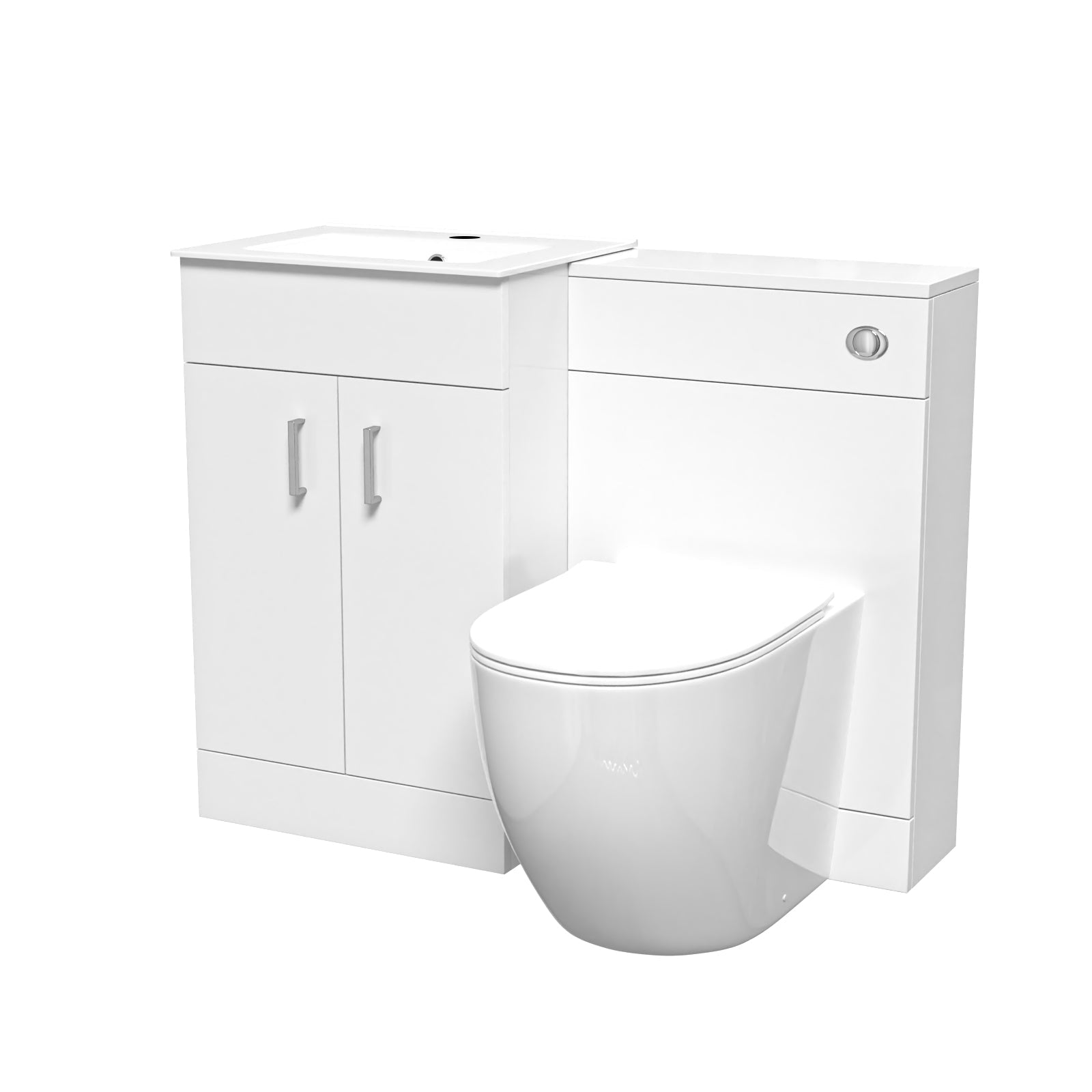 White bathroom vanity unit with toilet on a white background