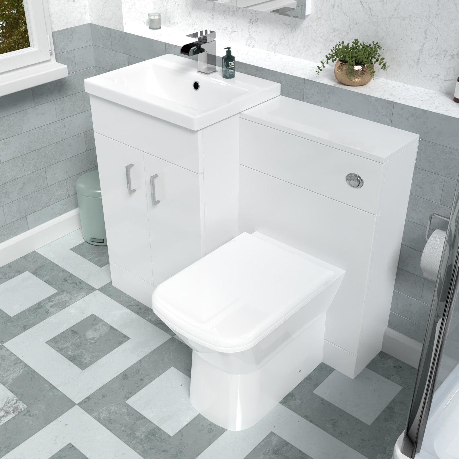 Nanuya White Vanity Basin Cabinet, WC Unit & Rimless Back To Wall Toilet
