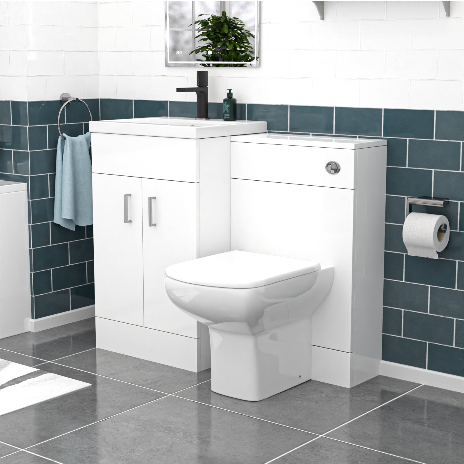 Nanuya White Vanity, WC Unit, Rimless BTW Toilet, Bath Front Panel, Tap Set