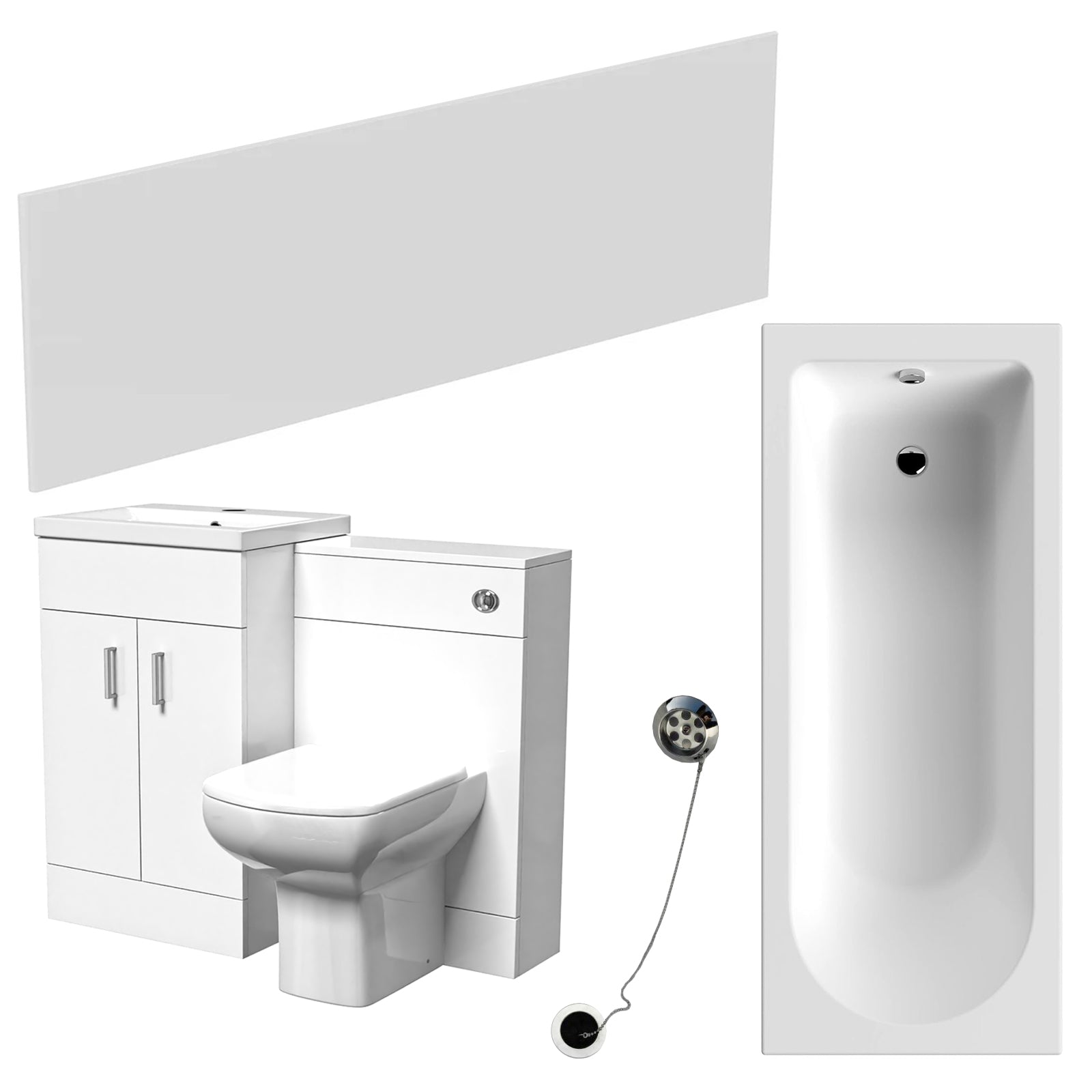 Nanuya White 1000mm Vanity, WC Unit, Rimless BTW Toilet, Bath And Front Panel