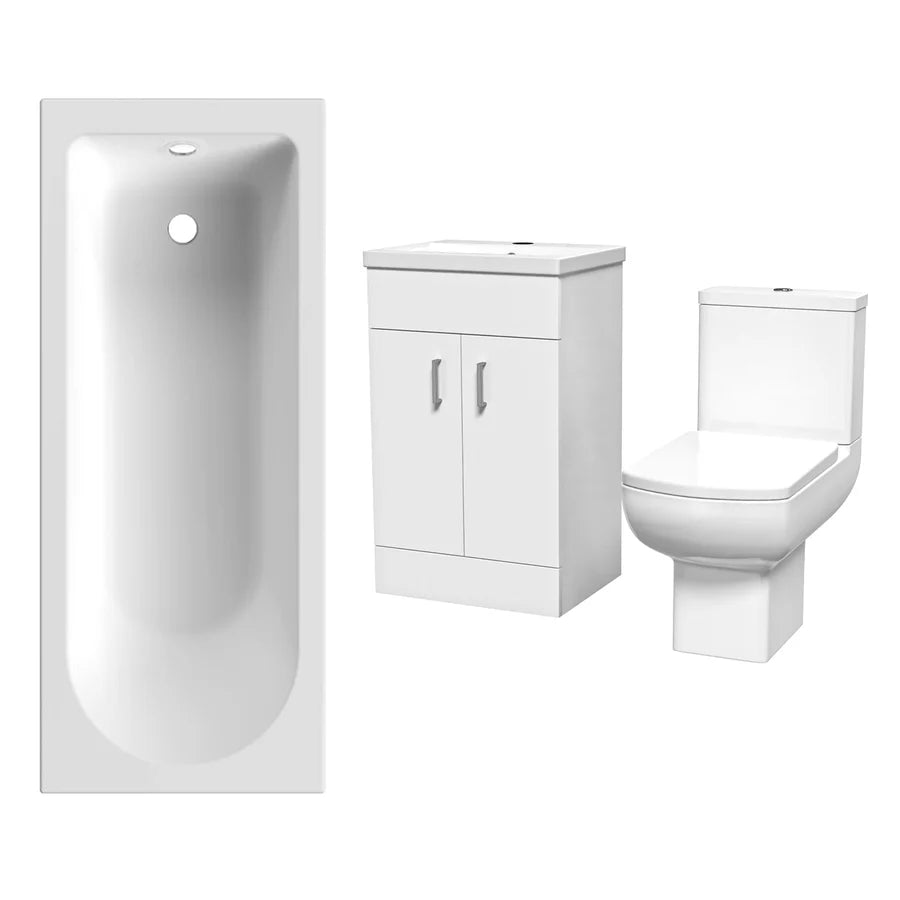 Nanuya 500mm White Basin Vanity, Square Rimless Close Coupled Toilet And Bath