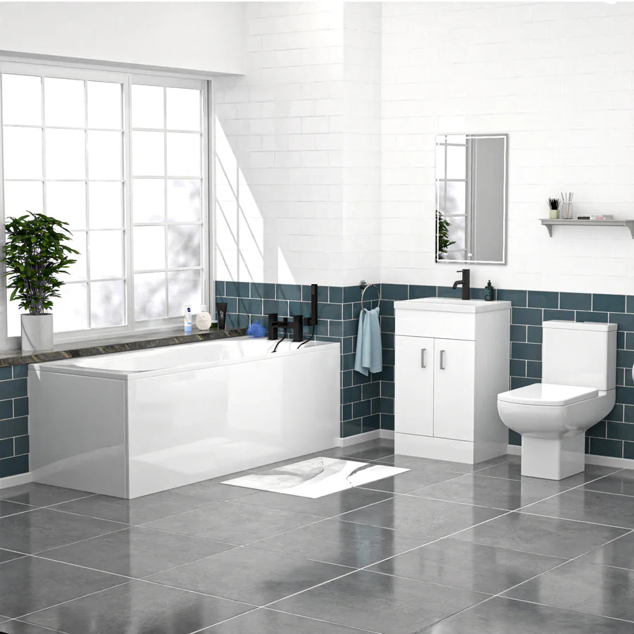 Nanuya 500mm White Basin Vanity, Square Rimless Close Coupled Toilet And Bath