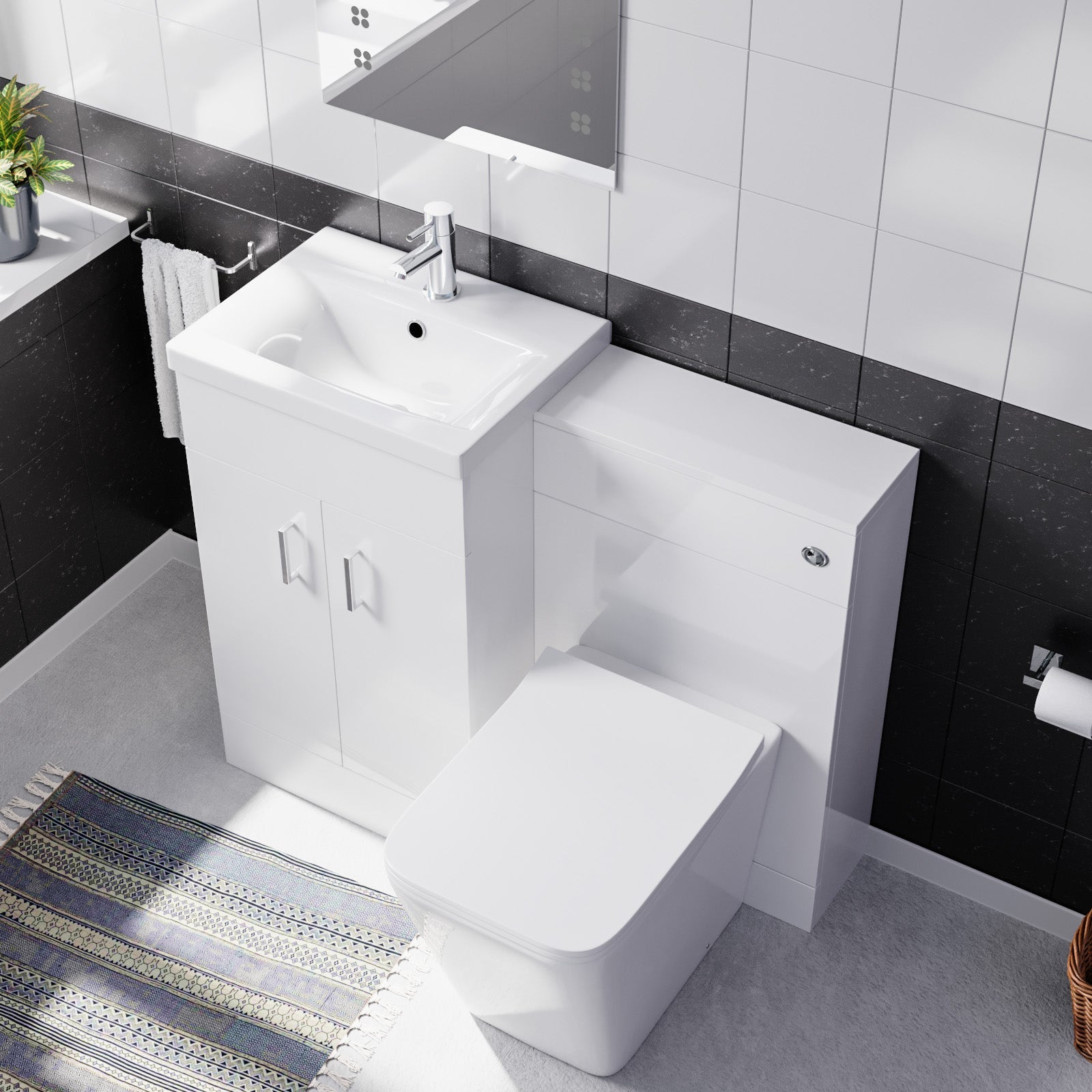 Nanuya White 500mm Vanity Basin Cabinet WC Unit & Square BTW Toilet
