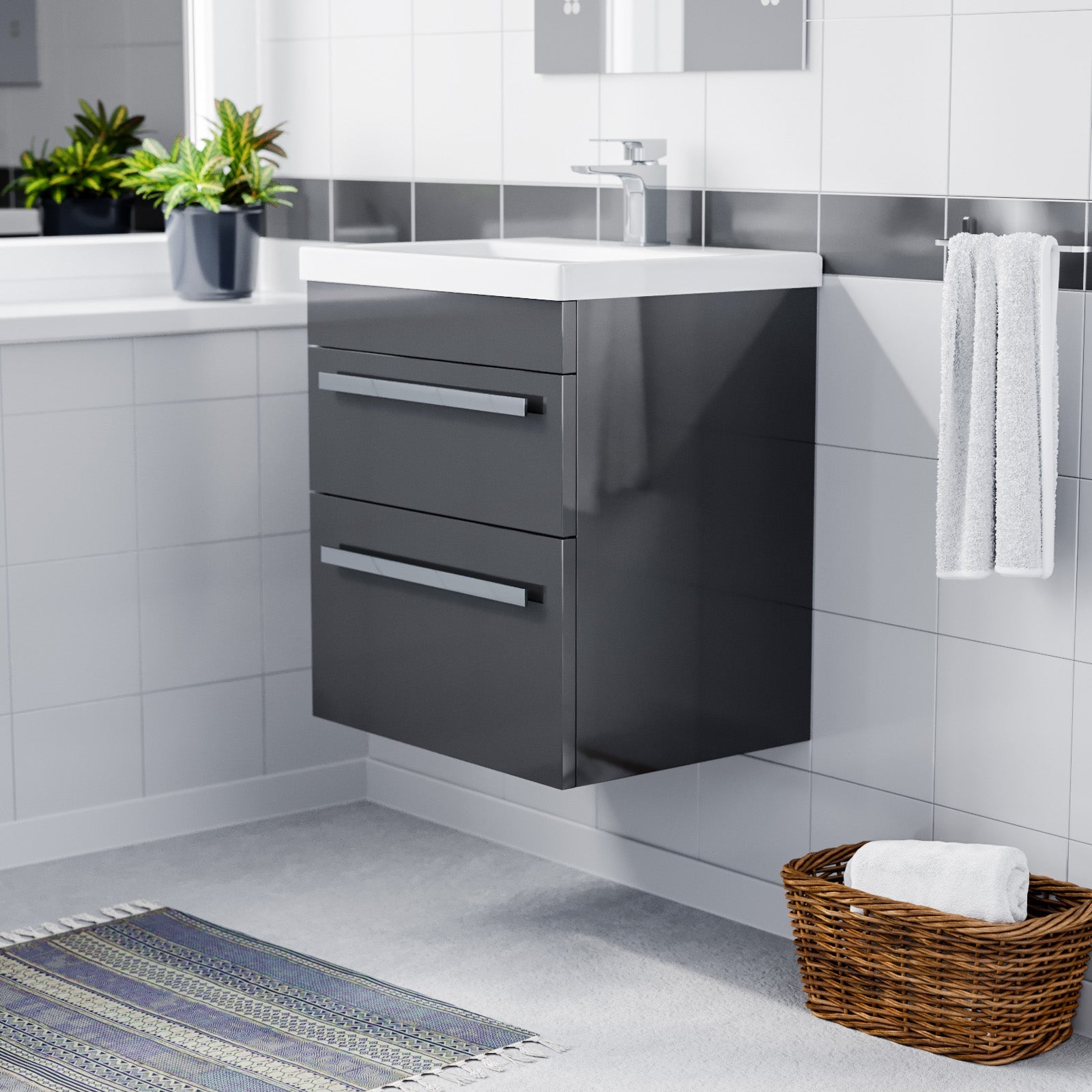 Nanuya 500mm Wall Hung 2 Drawer Vanity Unit Anthracite With White Basin