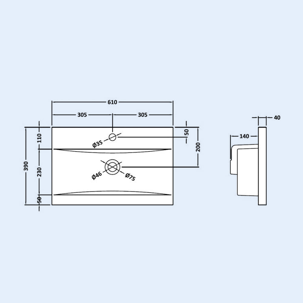 Nanuya Modern White Mid Edged Basin 600mm