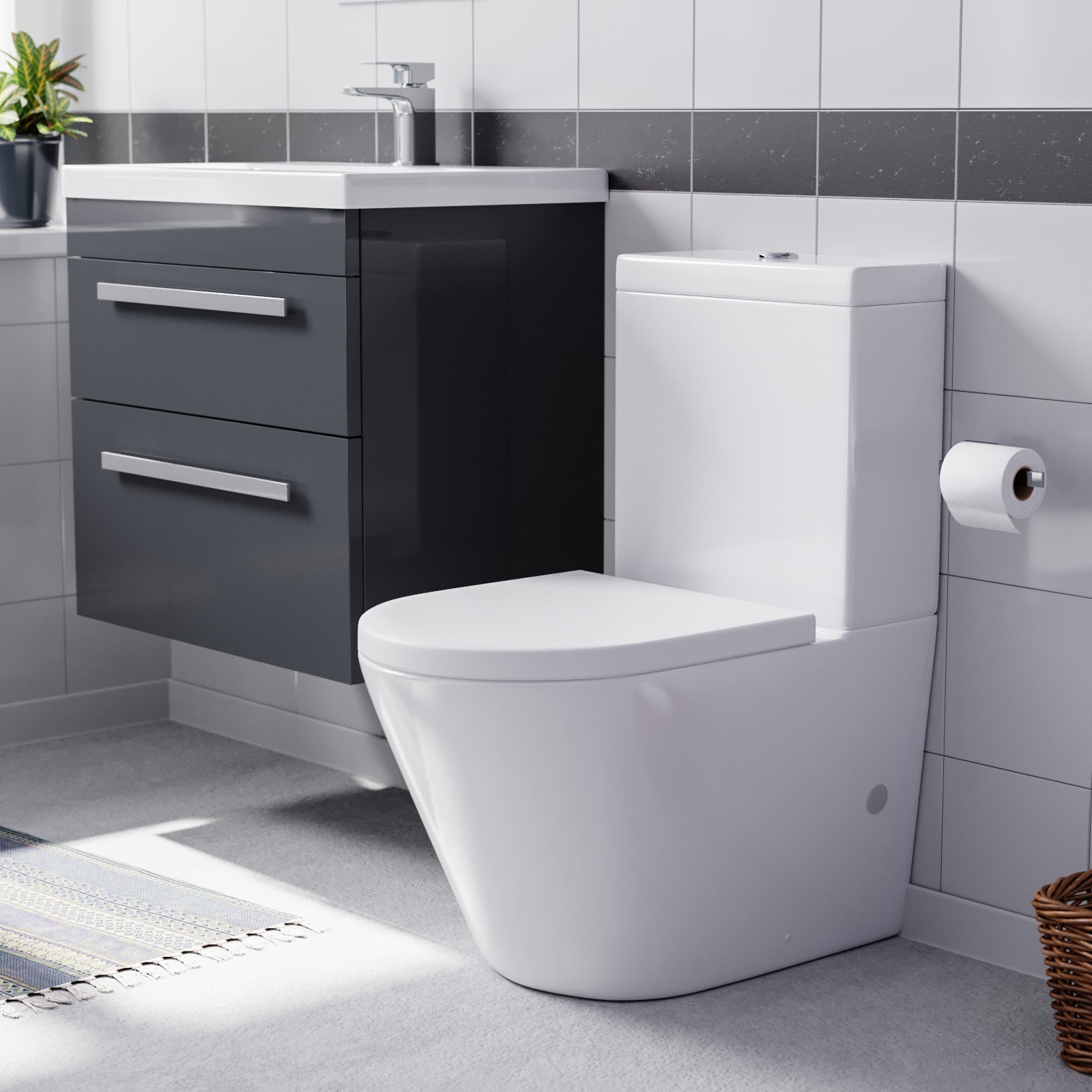 Nanuya Dark Grey 600mm Wall Hung 2 Drawer Vanity Cabinet Unit & Close Coupled Toilet