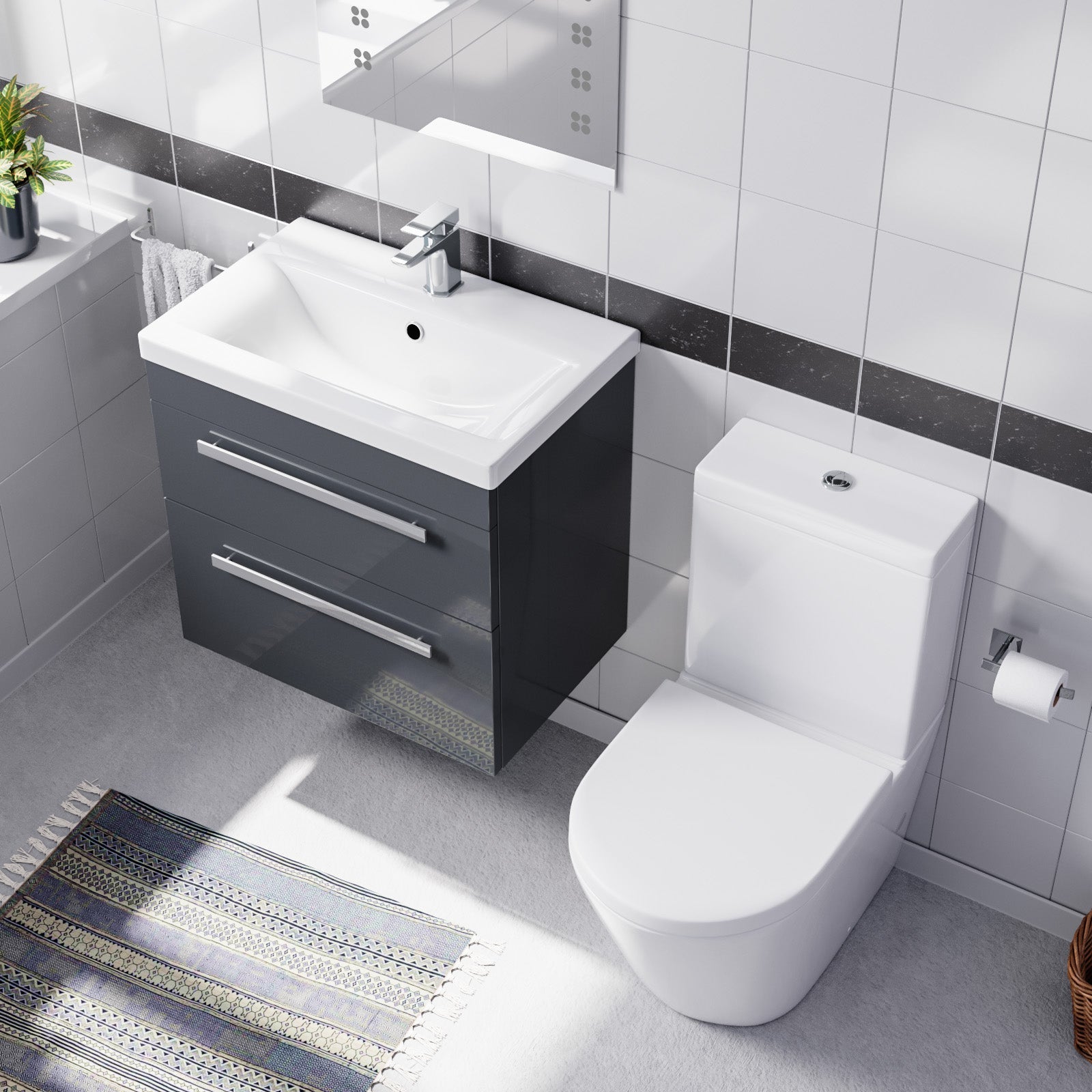 Nanuya Dark Grey 600mm Wall Hung 2 Drawer Vanity Cabinet Unit & Close Coupled Toilet