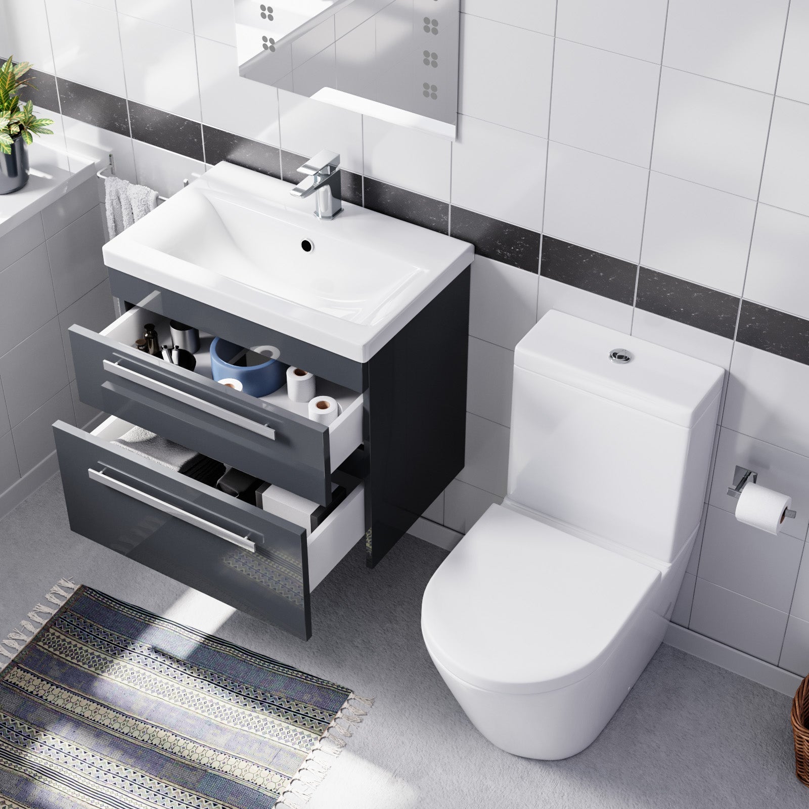 Nanuya Dark Grey 600mm Wall Hung 2 Drawer Vanity Cabinet Unit & Close Coupled Toilet