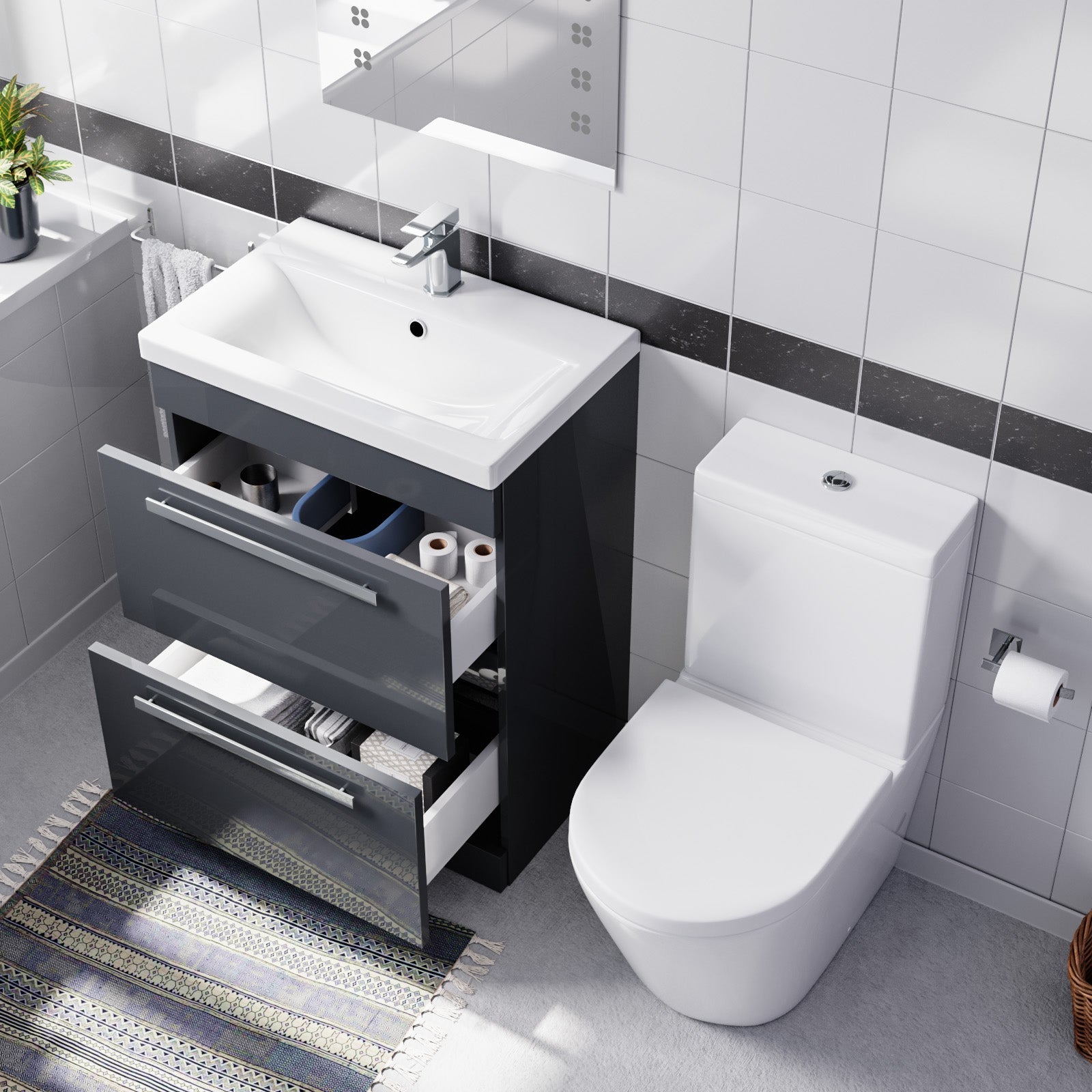 Nanuya Dark Grey 600mm 2 Drawer Vanity Basin Unit & Close Coupled Toilet