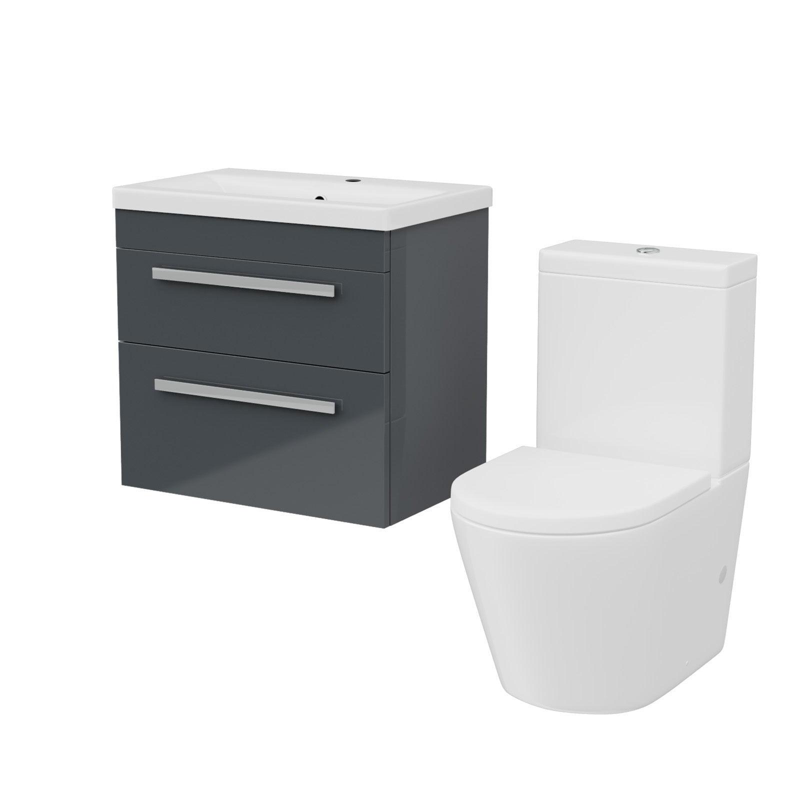 Nanuya Dark Grey 600mm Wall Hung 2 Drawer Vanity Cabinet Unit & Close Coupled Toilet
