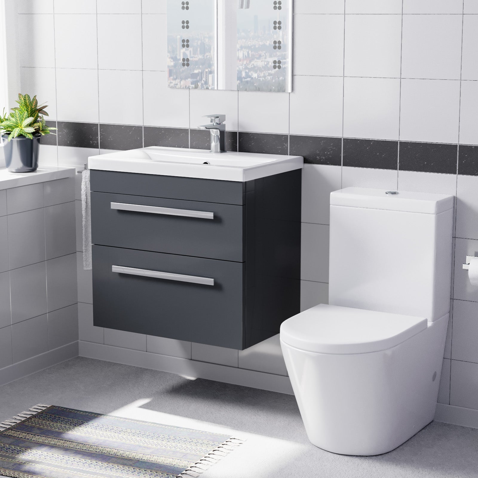 Nanuya Dark Grey 600mm Wall Hung 2 Drawer Vanity Cabinet Unit & Close Coupled Toilet