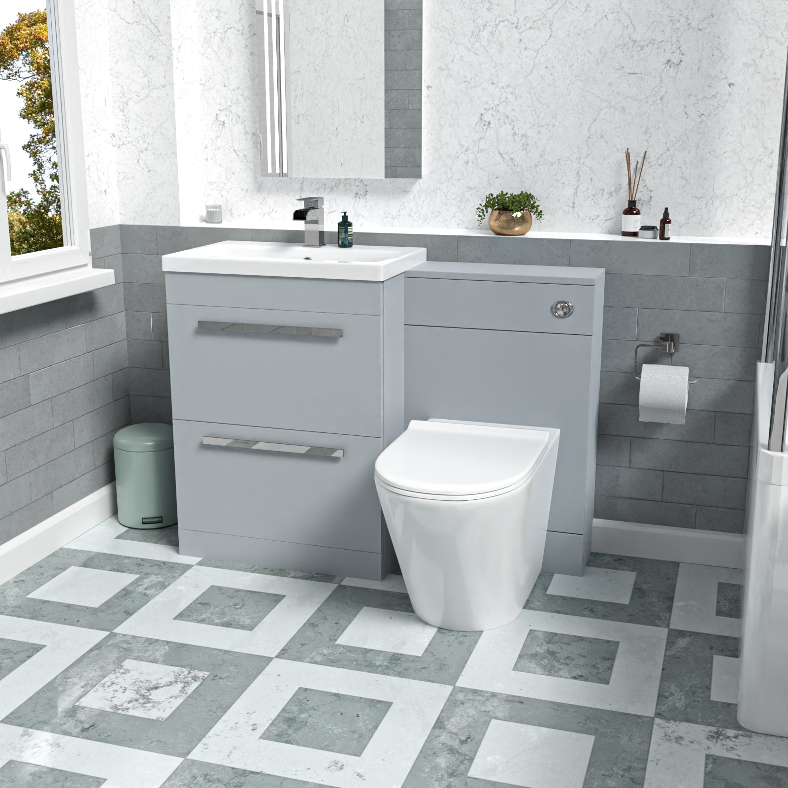 Nanuya 600mm Matte Grey 2 Drawers Vanity Unit, Back To Wall Toilet