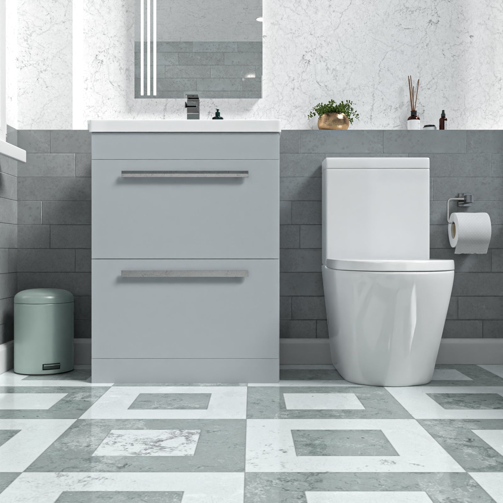 Nanuya 600mm Matte Grey Drawers Vanity Basin Unit & Round Close Coupled Toilet