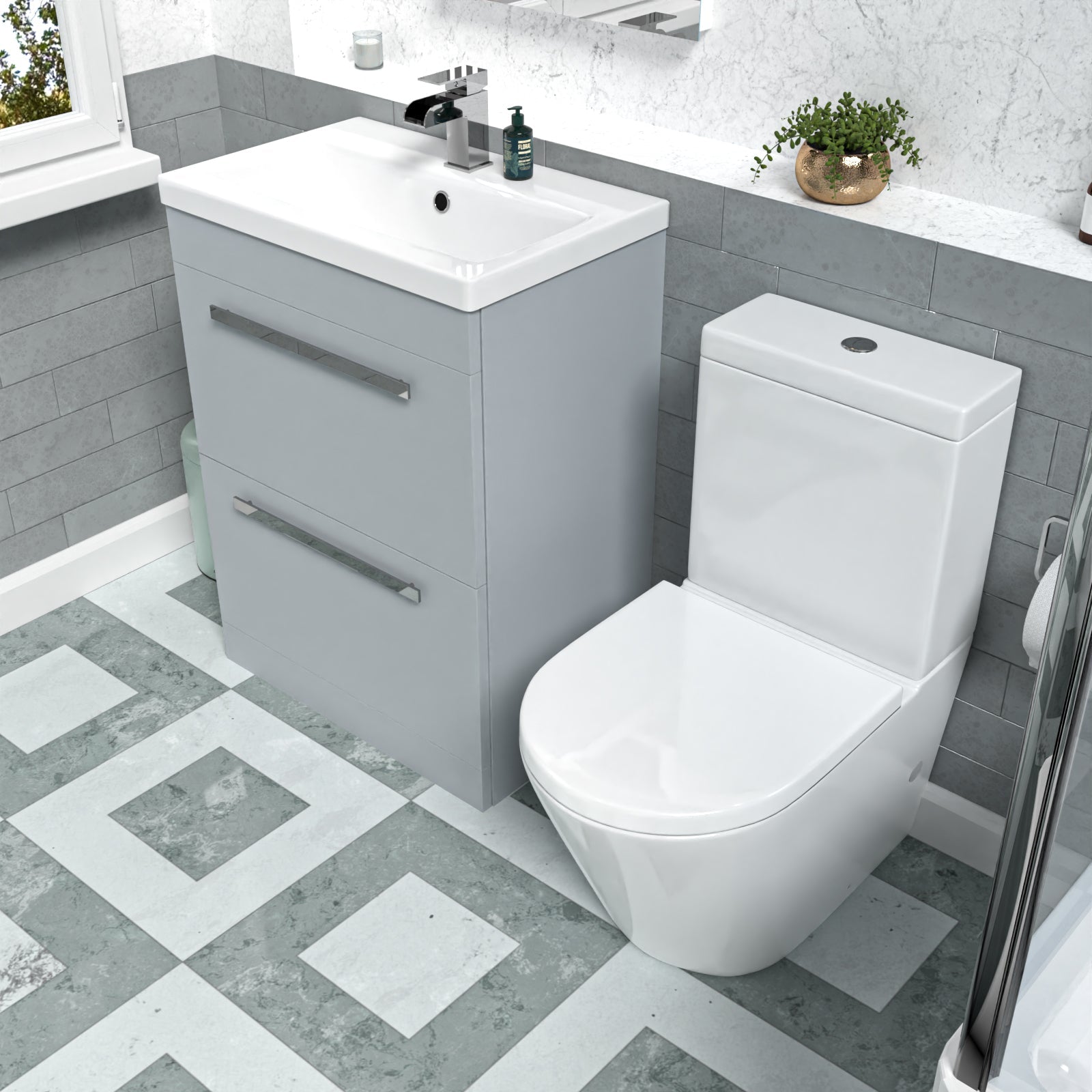 Nanuya 600mm Matte Grey Drawers Vanity Basin Unit & Round Close Coupled Toilet