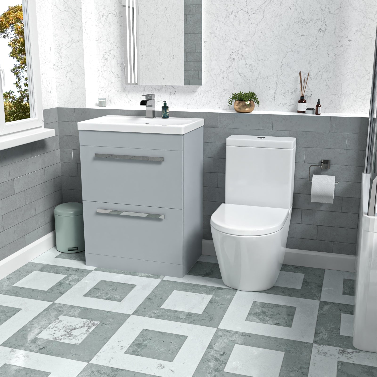 Nanuya 600mm Matte Grey Drawers Vanity Basin Unit & Round Close Coupled Toilet