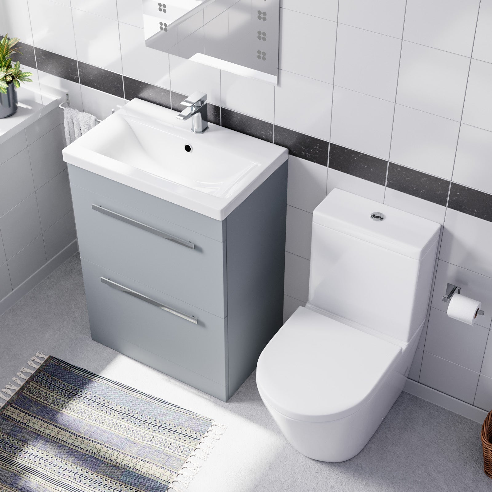 Nanuya Matte Grey 600mm 2 Drawer Vanity Basin Unit & Close Coupled Toilet