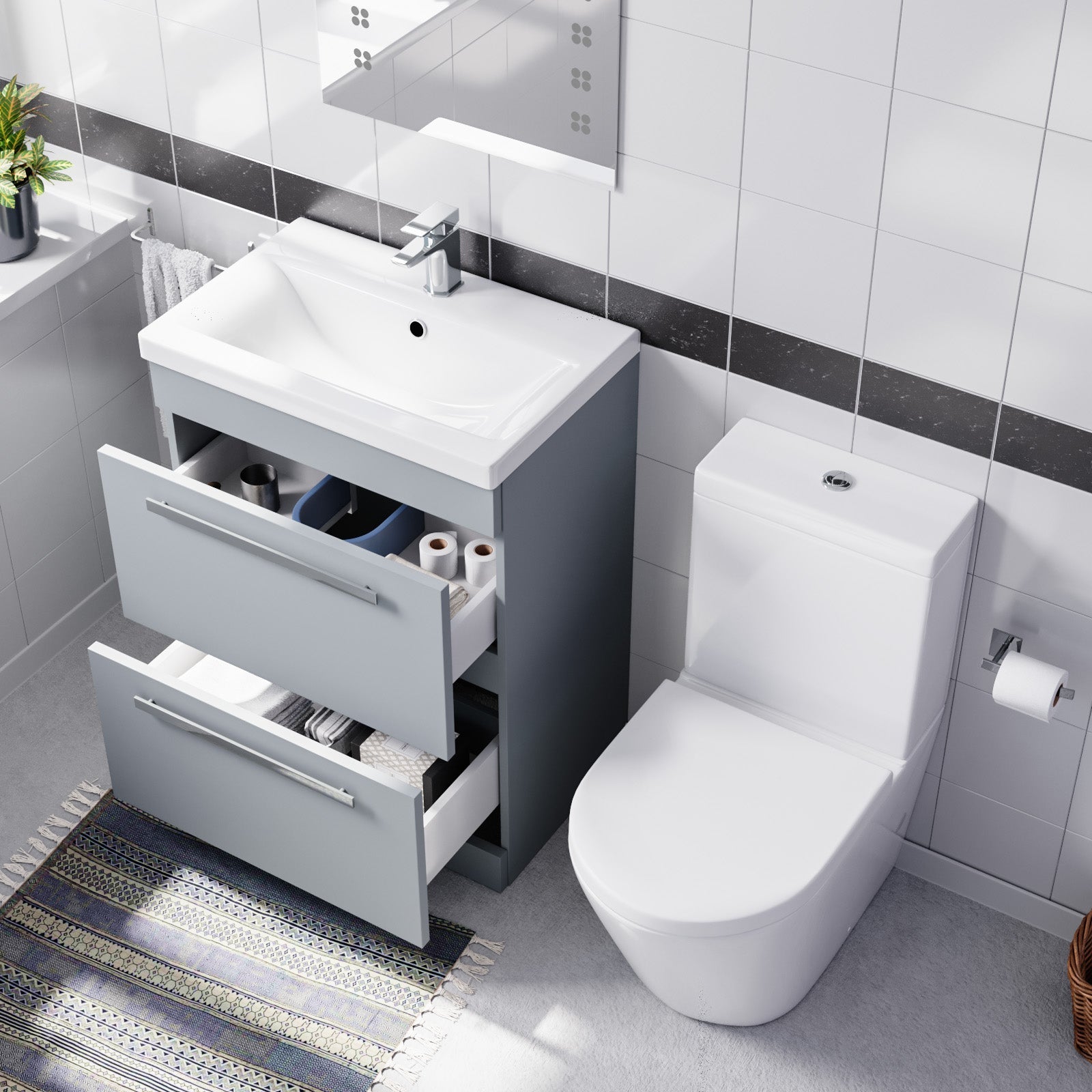 Nanuya Matte Grey 600mm 2 Drawer Vanity Basin Unit & Close Coupled Toilet