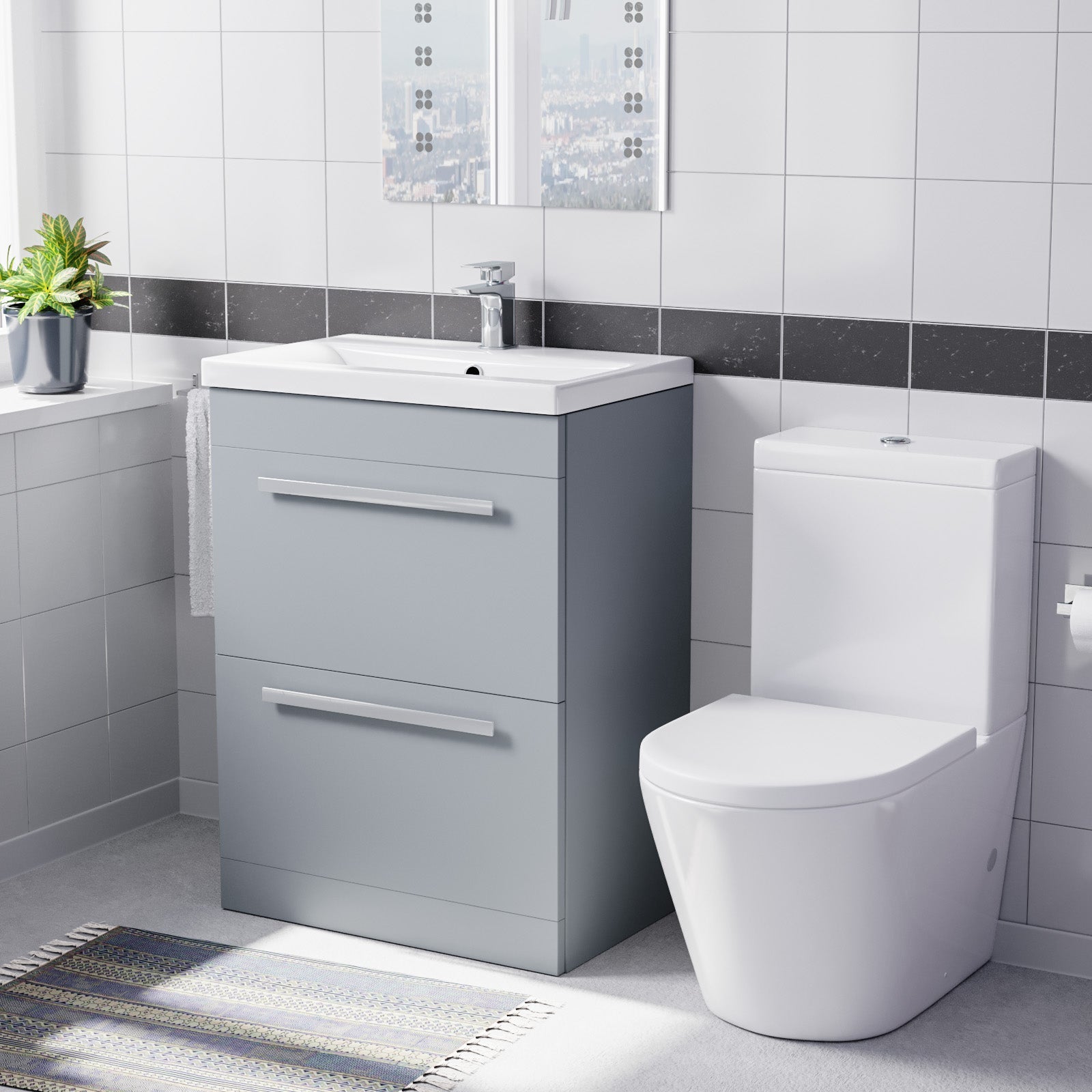 Nanuya Matte Grey 600mm 2 Drawer Vanity Basin Unit & Close Coupled Toilet