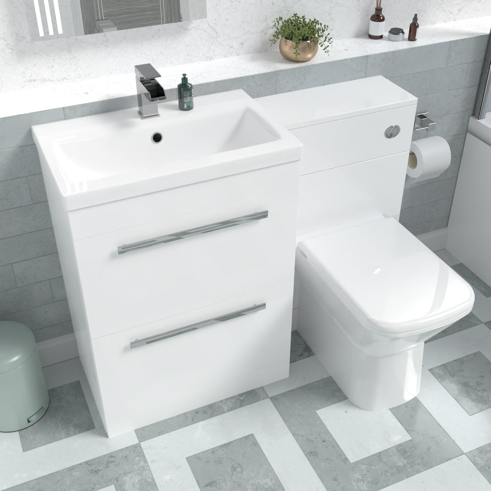 Nanuya 1100mm White Basin Vanity Cabinet, WC Unit, Rimless Back To Wall Toilet