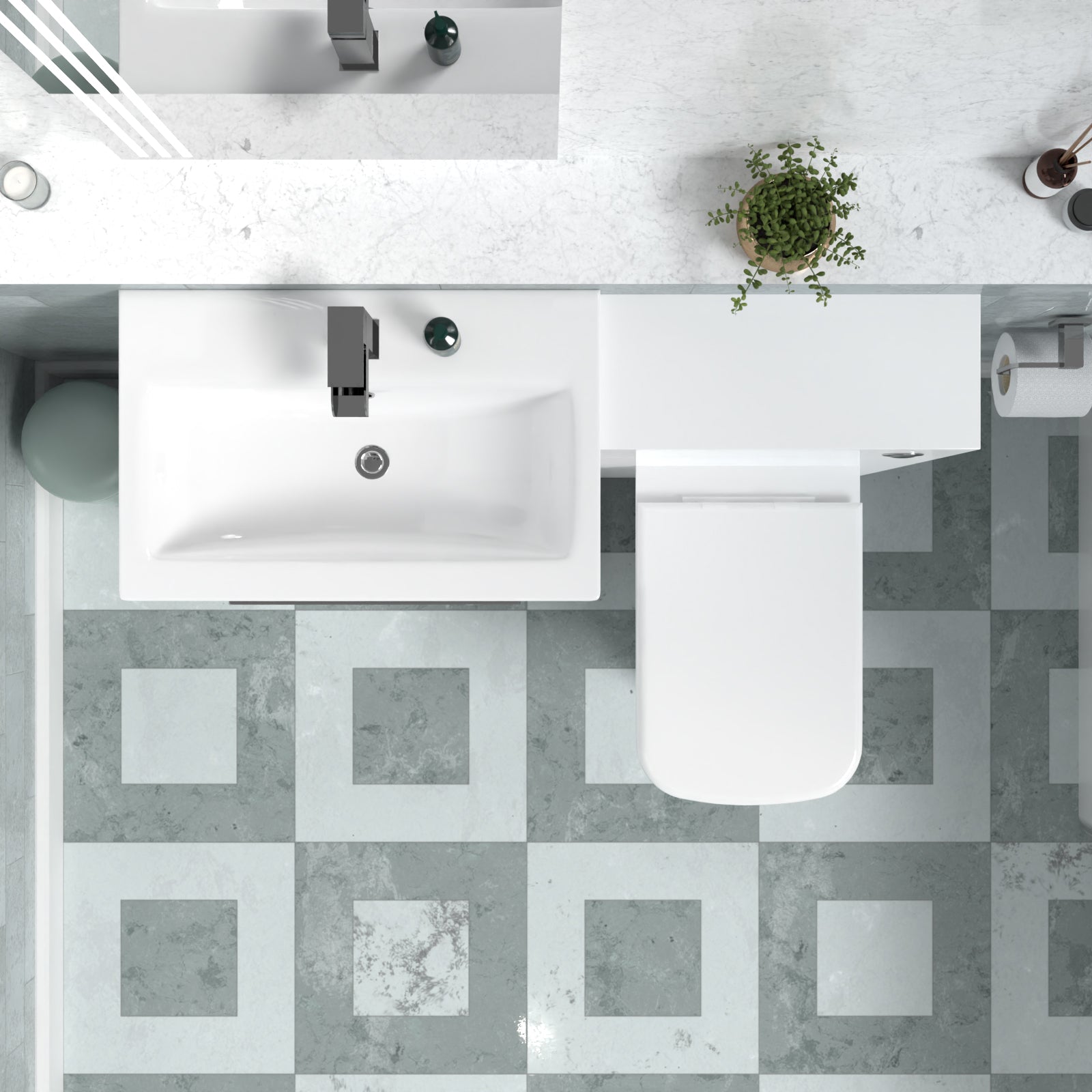 Nanuya 1100mm White Basin Vanity Cabinet, WC Unit, Rimless Back To Wall Toilet