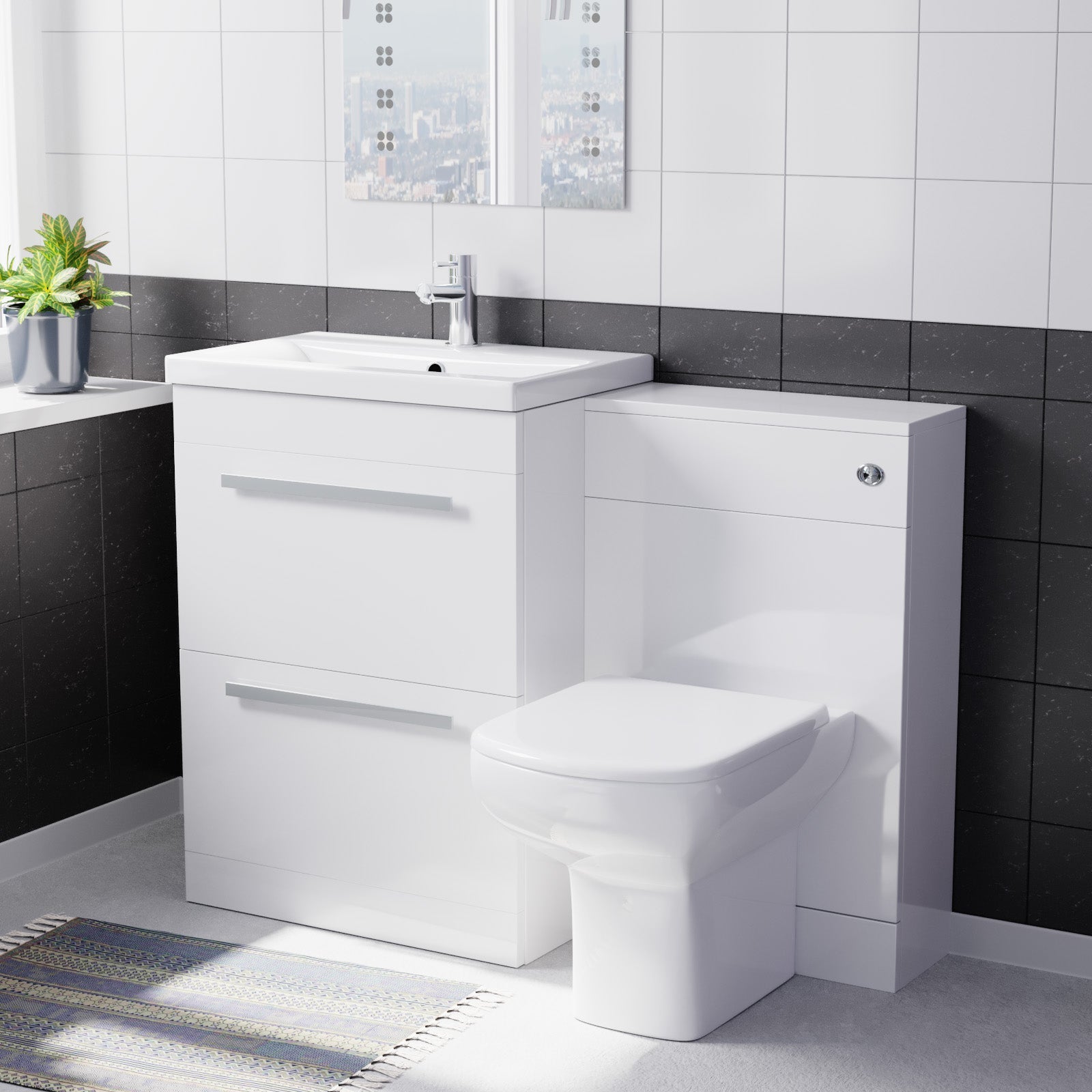 Nanuya 600mm White 2 Drawers Vanity Unit, Back To Wall Toilet