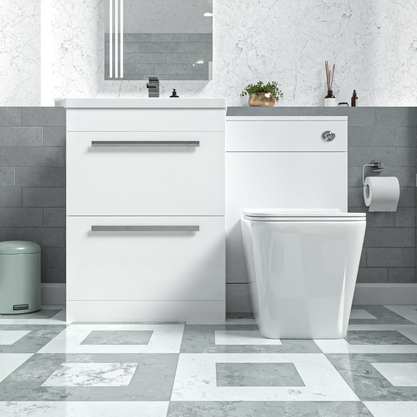 Nanuya 1100mm White 2 Drawers Basin Vanity, WC Unit & Back To Wall Toilet