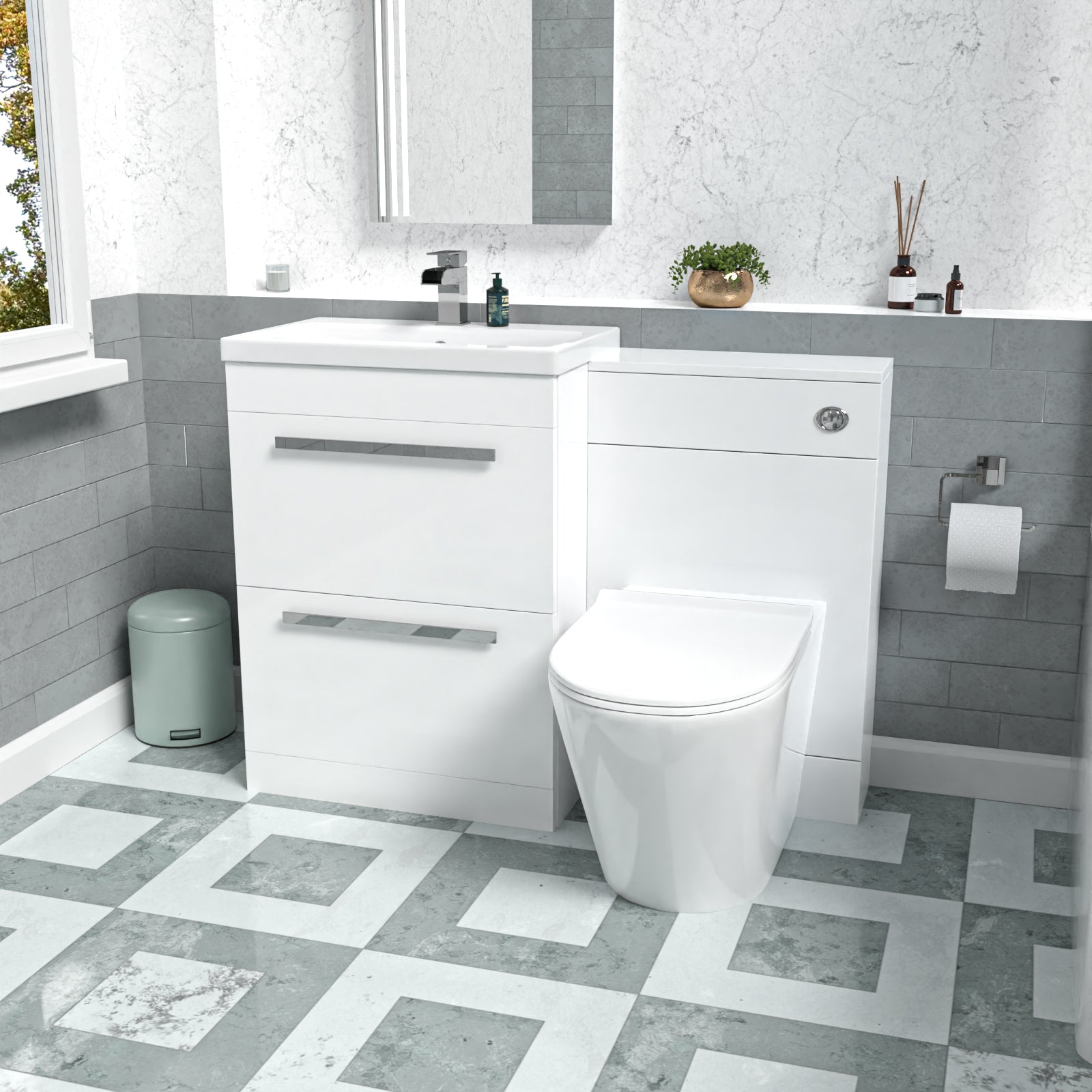 Nanuya Gloss White Vanity Unit with 2 Drawers and Back To Wall Toilet