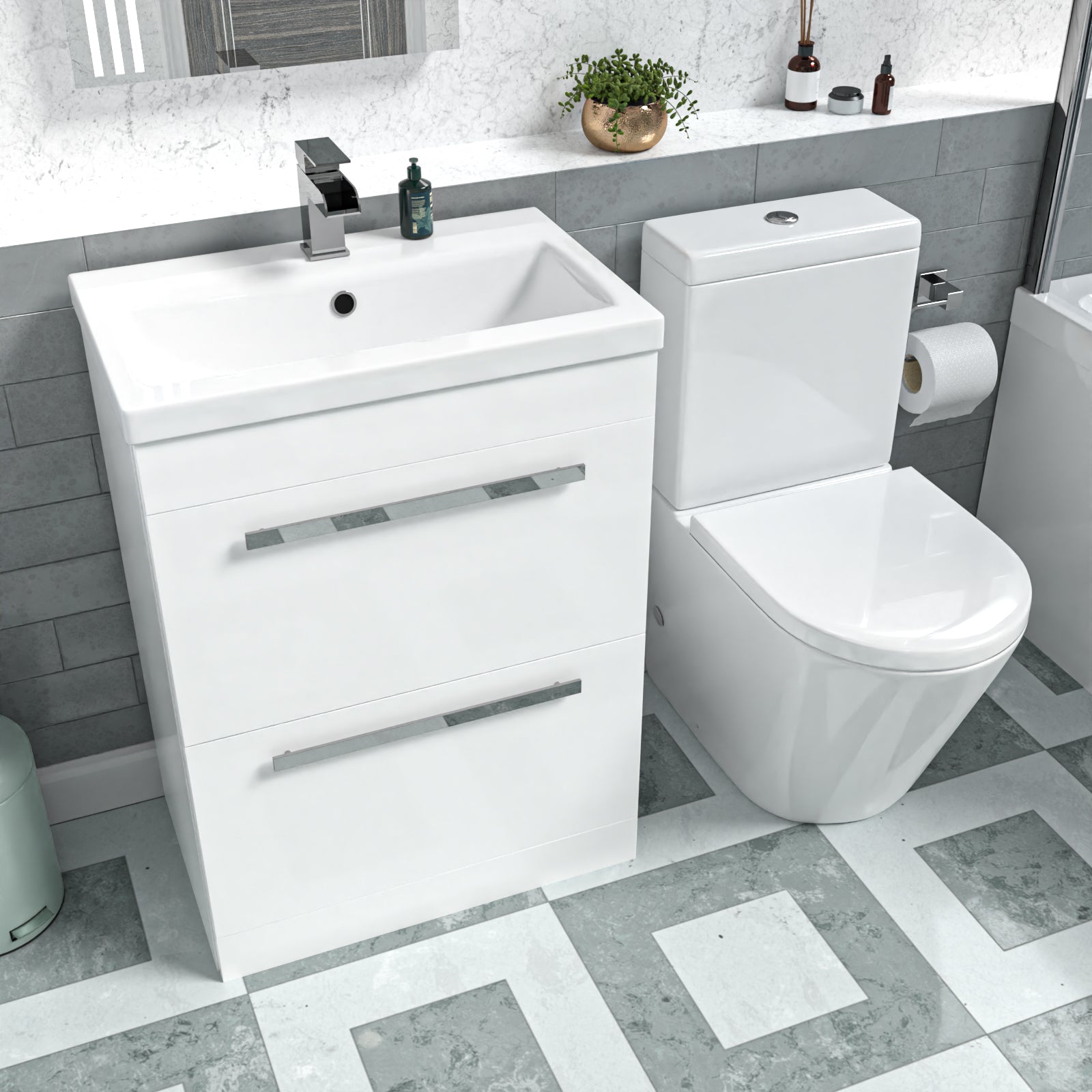 Nanuya 600mm Floorstanding 2 Drawer Vanity Basin Unit & Round Close Coupled Toilet White